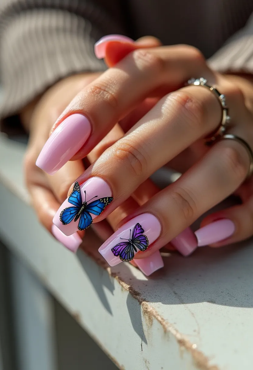 The nail design features a pastel pink color palette that is soft and elegant. The nails are long with a square shape, creating a refined look. There are intricate butterfly designs on the middle and ring fingernails, adding a vibrant and whimsical touch to the otherwise minimalist design. The butterflies are blue and purple, with detailed black outlines and accents, giving a realistic and eye-catching effect. This appears to be a gel nail treatment, offering a glossy and smooth finish that enhances the overall appearance. The design is perfect for spring or summer, with the butterflies symbolizing transformation and nature, making it suitable for special occasions like weddings or garden parties.