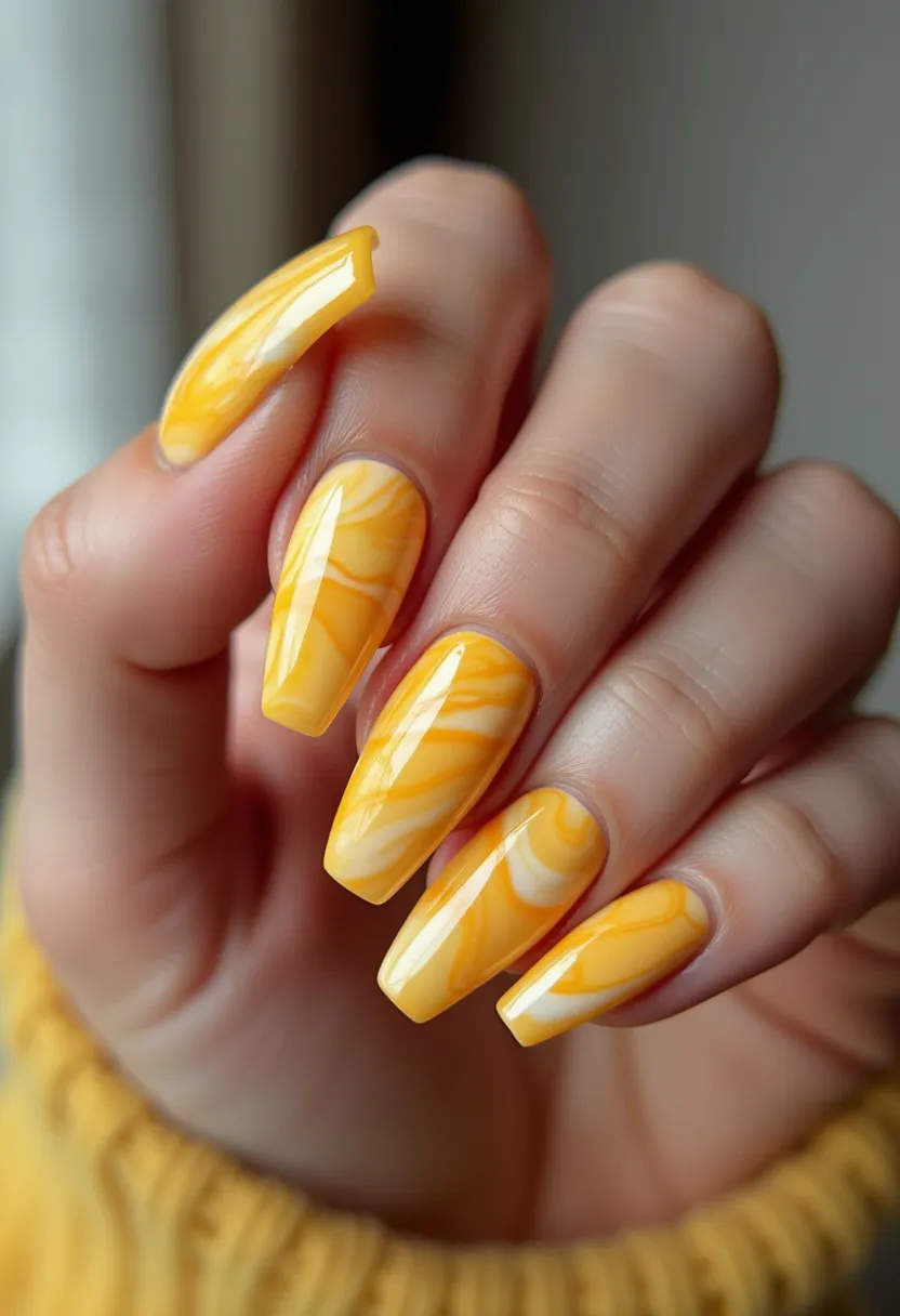 The nail design features a vibrant yellow color palette with a marbled pattern, incorporating lighter and darker shades of yellow to create a dynamic and lively effect. The nails are shaped in a long, tapered squared-off style, providing a modern and stylish look. The intricate marbling technique adds a unique and eye-catching texture to the nails, giving it a sophisticated yet playful appearance. The high-gloss finish suggests that the nails are treated with gel, providing a shiny and durable coating. This design is reminiscent of warm, sunny days and could be perfect for a summer theme or a cheerful special occasion.