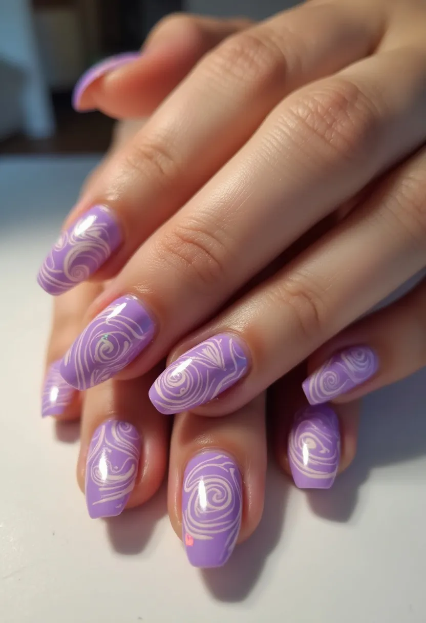 The nail design showcases a vibrant pastel purple color palette, creating a fresh and youthful look. The nails are medium length with a softly squared shape, offering a modern and versatile style. Intricate white swirl patterns grace each nail, adding a whimsical and artistic touch to the design. The glossy finish suggests a gel or shellac treatment, providing a smooth and long-lasting shine. This design features a cohesive and charming aesthetic, suitable for springtime or a light-hearted special occasion. The combination of pastel hues and delicate patterns exudes elegance and playfulness.