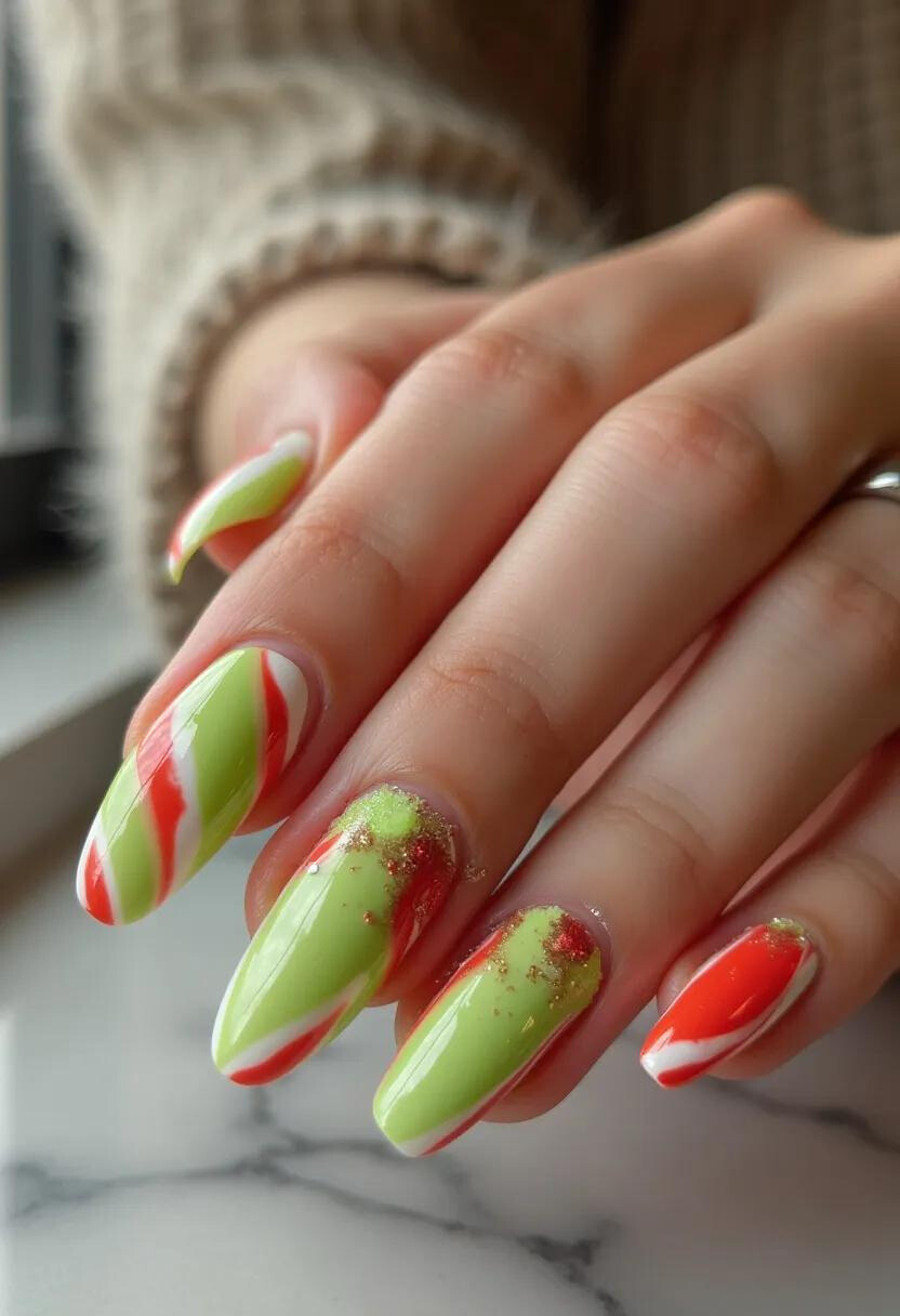 The nails display a festive color palette predominantly featuring green, red, and white, creating a vibrant and lively aesthetic. The shape of the nails is a medium-length almond, lending an elegant and sophisticated look. The design includes intricate diagonal candy cane-like stripes on some nails, while others are adorned with a gradient of green transitioning into red, embellished with hints of glitter. These details suggest that the manicure is likely a gel treatment, known for its durable and glossy finish. The overall design has a clear holiday or Christmas theme, enhanced by the traditional colors and patterns associated with the season. The meticulous decorations and shimmering accents give the nails a celebratory and playful charm, perfect for winter festivities.