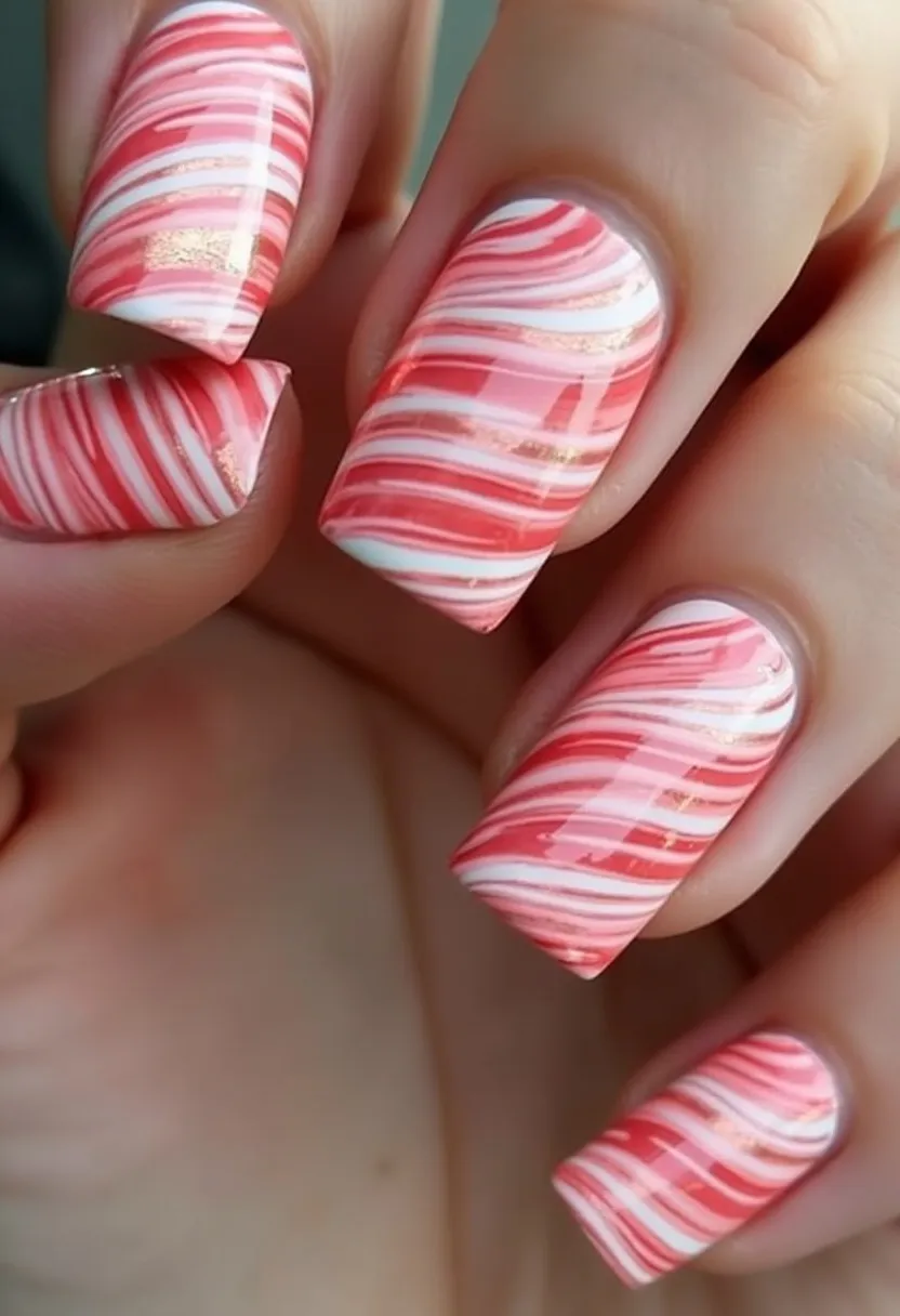 The nail design features a vibrant color palette consisting predominantly of red and white hues, artistically blended with some soft hints of gold accents. The nails are styled in a square shape, characterized by their straight edges and flat tips. This design showcases intricate marbling patterns that create a compelling swirling effect, reminiscent of candy canes, making it particularly suited for the festive holiday season. The glossy finish indicates a gel nail treatment, adding durability and a sleek shine to the overall look. This design is perfect for occasions that celebrate winter festivities or special events that call for a playful yet elegant nail art.