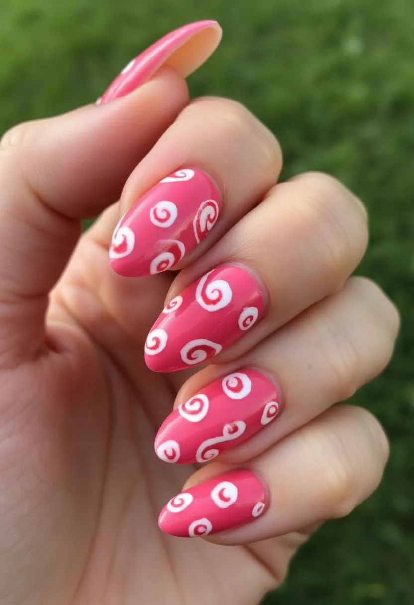 The nail design features a vibrant pink base color, adorned with white swirl patterns, creating a playful and eye-catching look. The nails are shaped into a stiletto form, giving them a sleek and elongated appearance. The intricate white swirls are evenly spaced on each nail, adding a whimsical touch to the overall design. This particular manicure most likely involves the use of gel treatment, given the high gloss finish and durability suggested by the design. The color palette and patterns lend themselves well to a summer or springtime theme, making them suitable for warm-weather occasions and festive events.