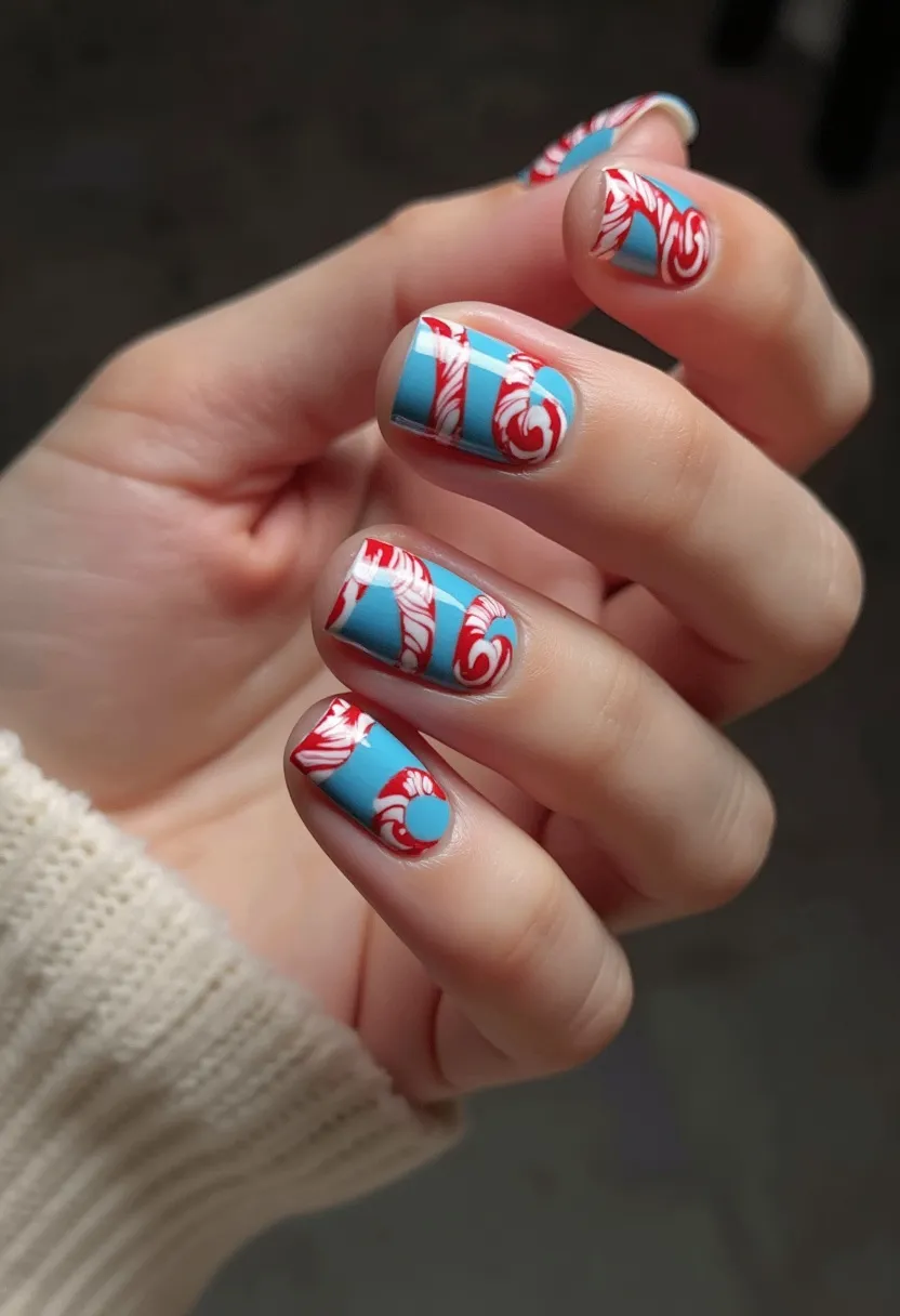 The nail design features a distinctive color palette comprising light blue, red, and white. The nails are short and rounded in shape, creating a neat and tidy appearance ideal for everyday wear. A striking pattern of red and white candy-cane-like swirls is intricately applied over the blue base, adding a playful and eye-catching element to the design. Although the type of nail treatment isn't specified, the glossy finish suggests a possibility of gel or a high-quality polish. This whimsical pattern evokes a festive, holiday-themed aesthetic, perfect for the winter season or Christmas celebrations.