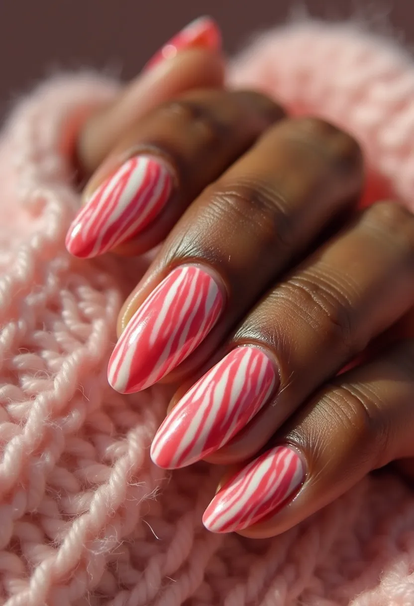 The nail design features almond-shaped nails adorned with a striking marbled pattern. The color palette includes a soft white base with vibrant pink streaks, creating an eye-catching contrast and a playful visual effect. The intricate design likely employs gel nail polish, known for its smooth texture and durability, contributing to the sleek and glossy finish. This particular nail art gives off a fun and fresh vibe, making it suitable for spring or summer seasons. The abstract, yet cohesive, striped pattern is reminiscent of whimsical candy canes or zebra stripes, adding a unique and artistic touch to the overall appearance.