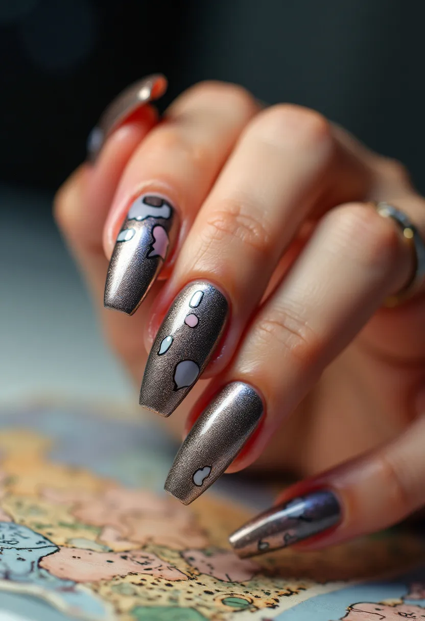 The nail design showcases a sophisticated color palette dominated by a metallic gray base, highlighted with abstract patches in black, white, pale pink, and blue. The nails are shaped into a tapered square or coffin shape, enhancing the elegant and modern appeal. The intricate patterns resemble amorphous shapes, adding a creative and unique touch to the overall look. The finish appears smooth and glossy, indicating that the nails are likely treated with gel polish, known for its long-lasting and shiny qualities. This design does not particularly lean towards a specific seasonal theme or special occasion but stands out for its artistic and contemporary aesthetic.