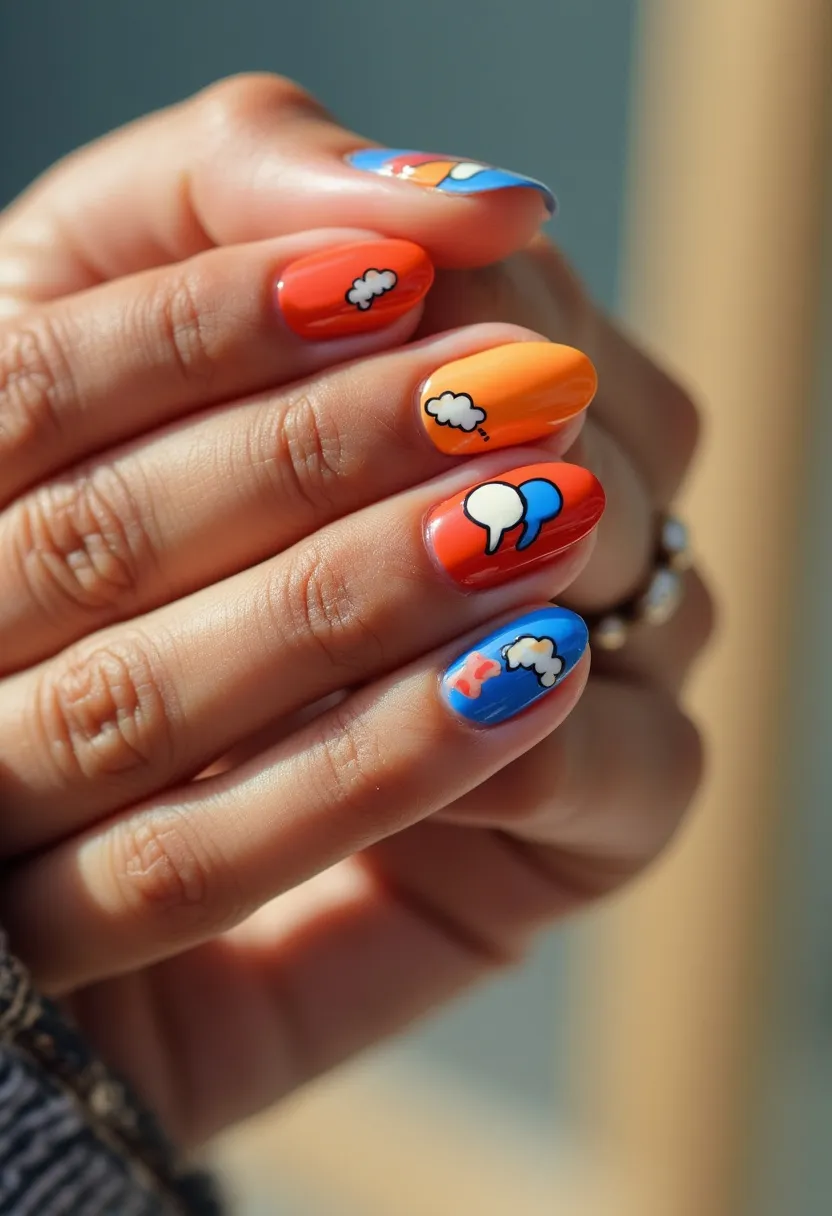 The nail design features an eye-catching color palette predominantly consisting of bright oranges, blues, and white. The nails are shaped in a rounded, almond style. Intricate patterns resembling comic book speech bubbles and clouds adorn each nail, creating a playful and vibrant aesthetic. The design appears glossy and well-finished, suggesting the possible use of gel polish for a durable and shiny effect. Each nail showcases unique speech bubble graphics, contributing to a whimsical and animated theme, potentially suitable for a fun, casual occasion or as a lively, everyday look.