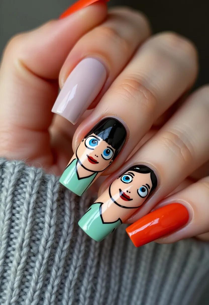 This nail design features a vibrant color palette that includes shades of nude, mint green, and bright orange. The nails are shaped in a long, square form, providing ample space for detailed artwork. Two of the nails showcase intricate cartoon character designs, with expressive faces, blue eyes, and red lips, offering a playful and animated aesthetic. The characters wear mint green clothing, adding to the cohesive color scheme. The use of the other nails in simple nude and bright orange polish balances the detailed artwork, making it stand out even more. This detailed and polished look suggests a gel or acrylic treatment, given the glossy finish and smooth application. The design hints at a creative and whimsical theme, suitable for casual events or seasons celebrating fun and creativity.