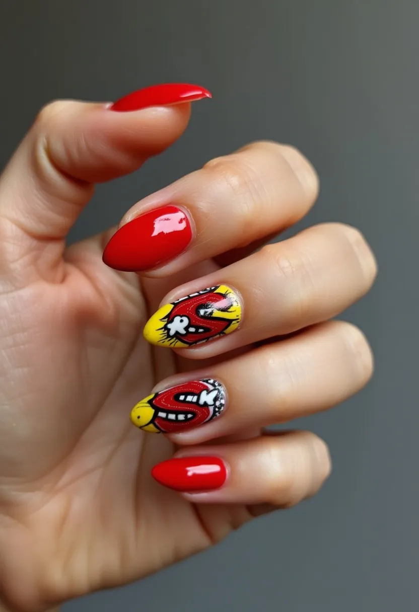 The nail design features a vibrant color palette primarily consisting of a bold red and yellow. The shape of the nails is almond, a popular style that elongates the fingers and provides a sophisticated look. The nails appear to be treated with a gel finish, giving them a glossy and durable appearance. Two of the nails are decorated with intricate comic book-inspired patterns that include elements such as bold black outlines, white highlights, and text, creating a dynamic and eye-catching effect. The rest of the nails are painted in a solid red color, complementing the intricate designs. This design seems suitable for creative or fun occasions, possibly inspired by pop art or comic book aesthetics.