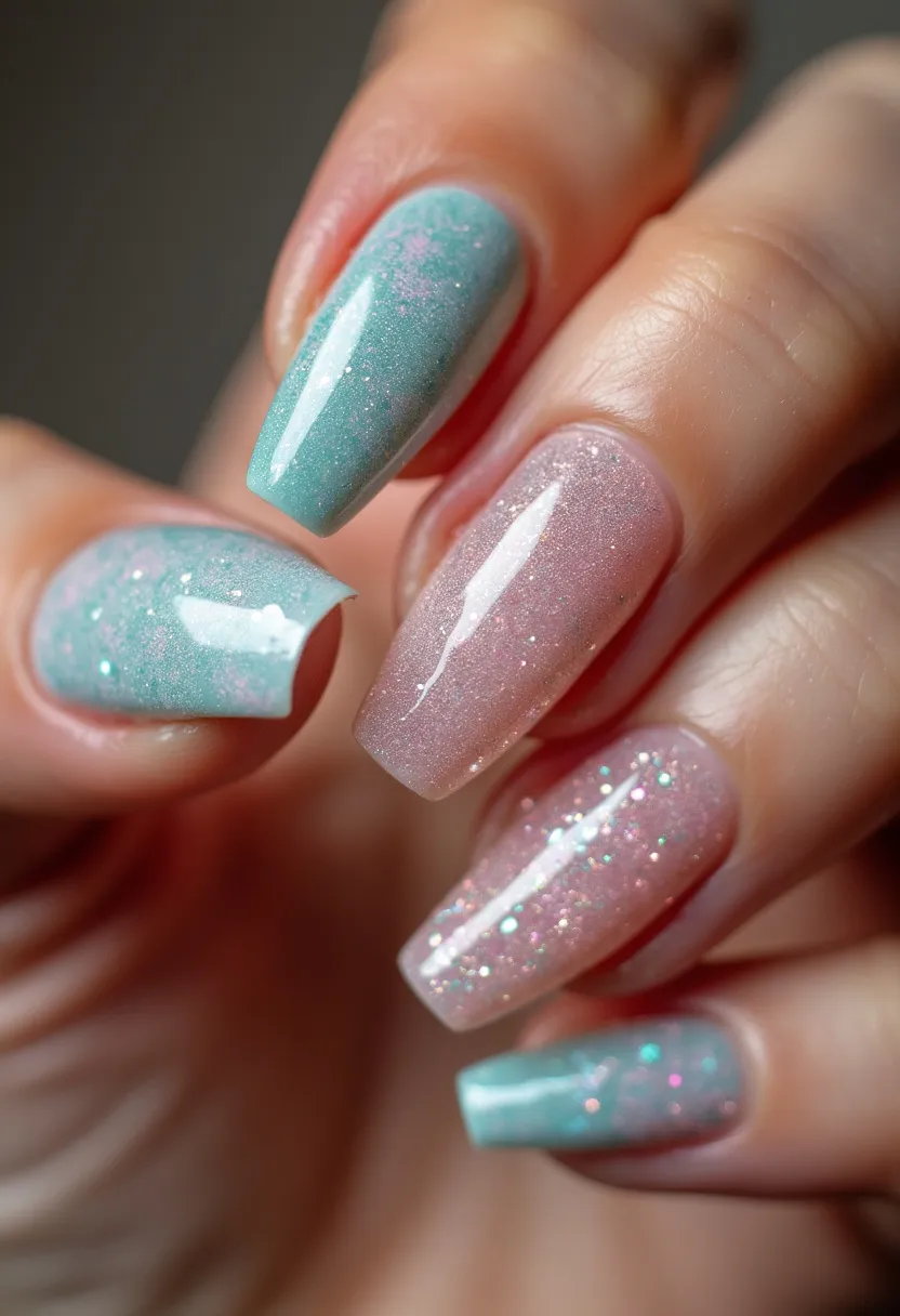 The nail design showcases a captivating blend of soft pastel and glittery hues. The color palette includes a light turquoise and a pastel pink, both infused with a shimmering finish that glistens under light. The nails are shaped in a sharp, square form, providing a modern and clean look. The design features an intricate combination of glitter and subtle, iridescent sparkles, adding a touch of elegance and festivity to the overall appearance. This style appears to be a gel nail treatment, known for its long-lasting and glossy finish. The choice of colors and sparkles suggests a theme suitable for spring or summer, or possibly for a celebratory event, adding a fresh and joyful vibe to the wearer's appearance.