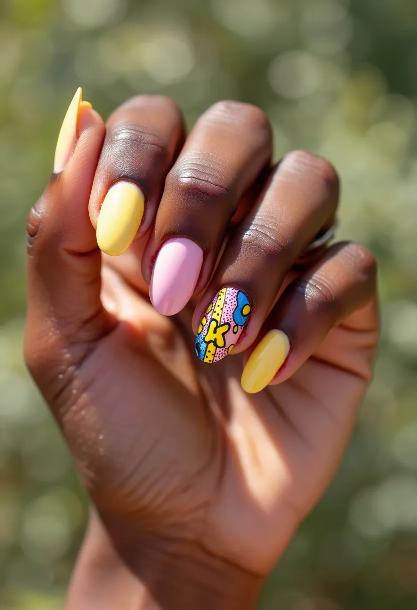 The nail design showcases a vibrant color palette featuring shades of bright yellow and soft pink. The nails have an oval shape, which complements the overall aesthetic. An intricate pattern is seen on the ring finger, displaying a colorful and playful abstract design that incorporates elements of blue, pink, yellow, and black, with dots and lines creating a dynamic visual effect. The design likely uses gel polish, ensuring a glossy and long-lasting finish. This lively and artistic look is ideal for the summer season, adding a fun and cheerful touch to one’s appearance.