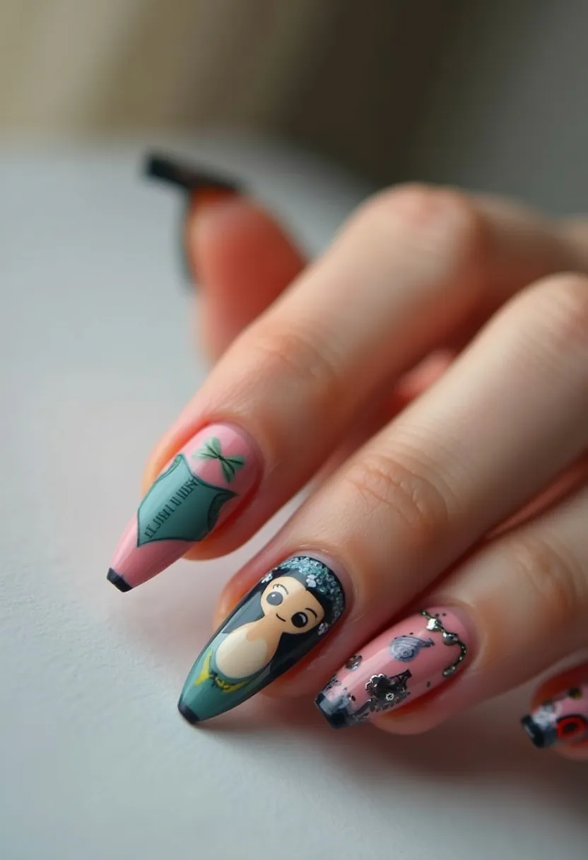 The nail design features an almond shape with a gel treatment that provides a glossy and durable finish. The color palette includes shades of pink, green, and black, with a nude base that enhances the visibility of the intricate designs. Each nail presents a distinct pattern: one nail is styled with a detailed illustration of a green bodice resembling traditional clothing with a cute bow, another highlights a cartoon-style character with large eyes and a headpiece, and others are adorned with floral and ornamental designs detailed in black and silver. The artistic elements suggest a whimsical and cultural theme, possibly tailored for a festive or special occasion. Unique elements such as the precise hand-painted characters and the use of metallic embellishments add an extra level of intricacy to the overall design.