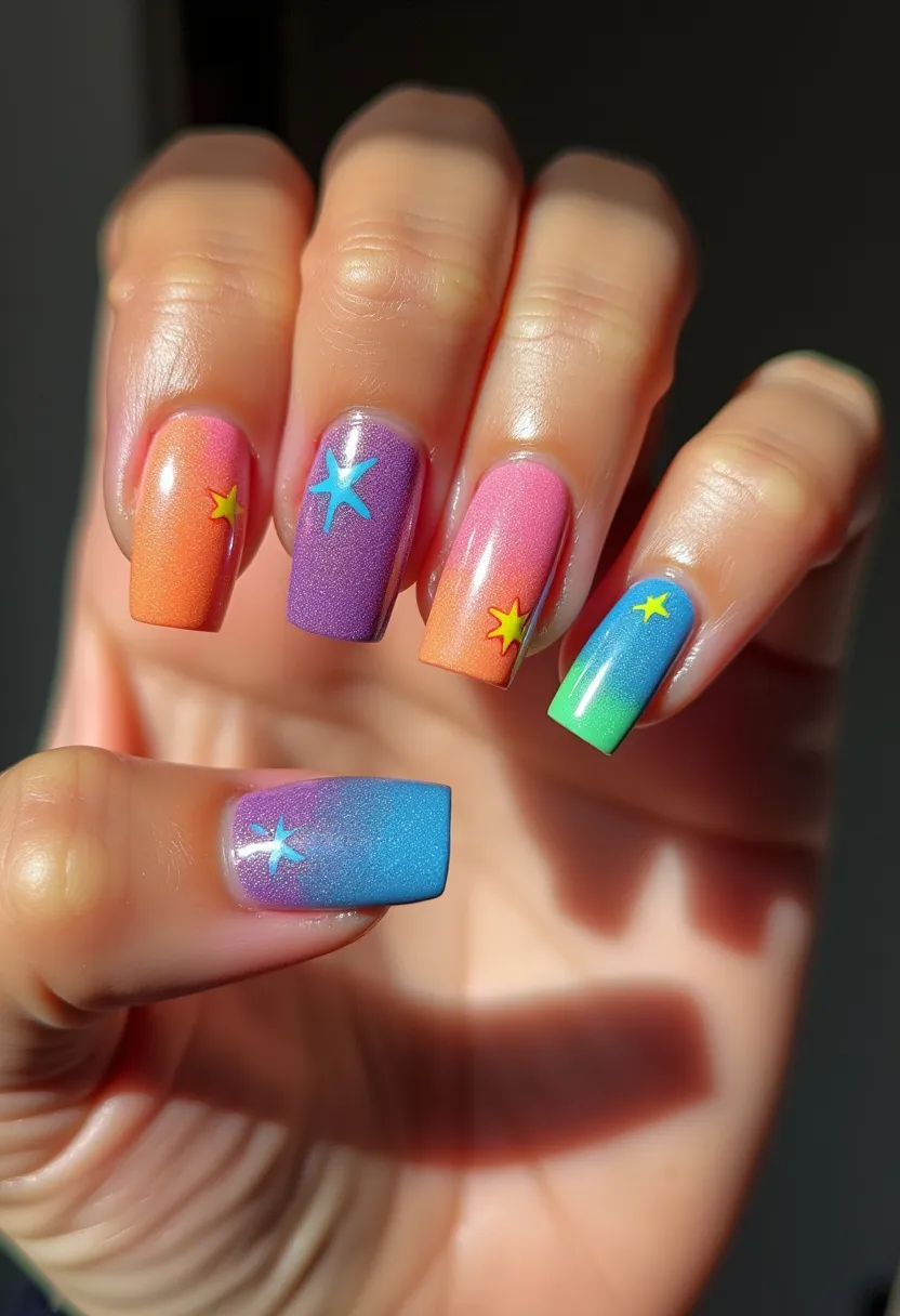 The nail design features brightly colored, square-shaped nails, showcasing a vibrant gradient palette that transitions smoothly between shades of orange, purple, pink, green, and blue. Each nail is adorned with small star decals in contrasting colors, adding a whimsical and playful touch to the overall look. The finish appears glossy, indicative of a possible gel or shellac treatment that enhances the shine and durability. This fun and vibrant style is perfect for a summer season, evoking a cheerful and lively feel that may be ideal for beach outings, summer parties, or other warm-weather events.