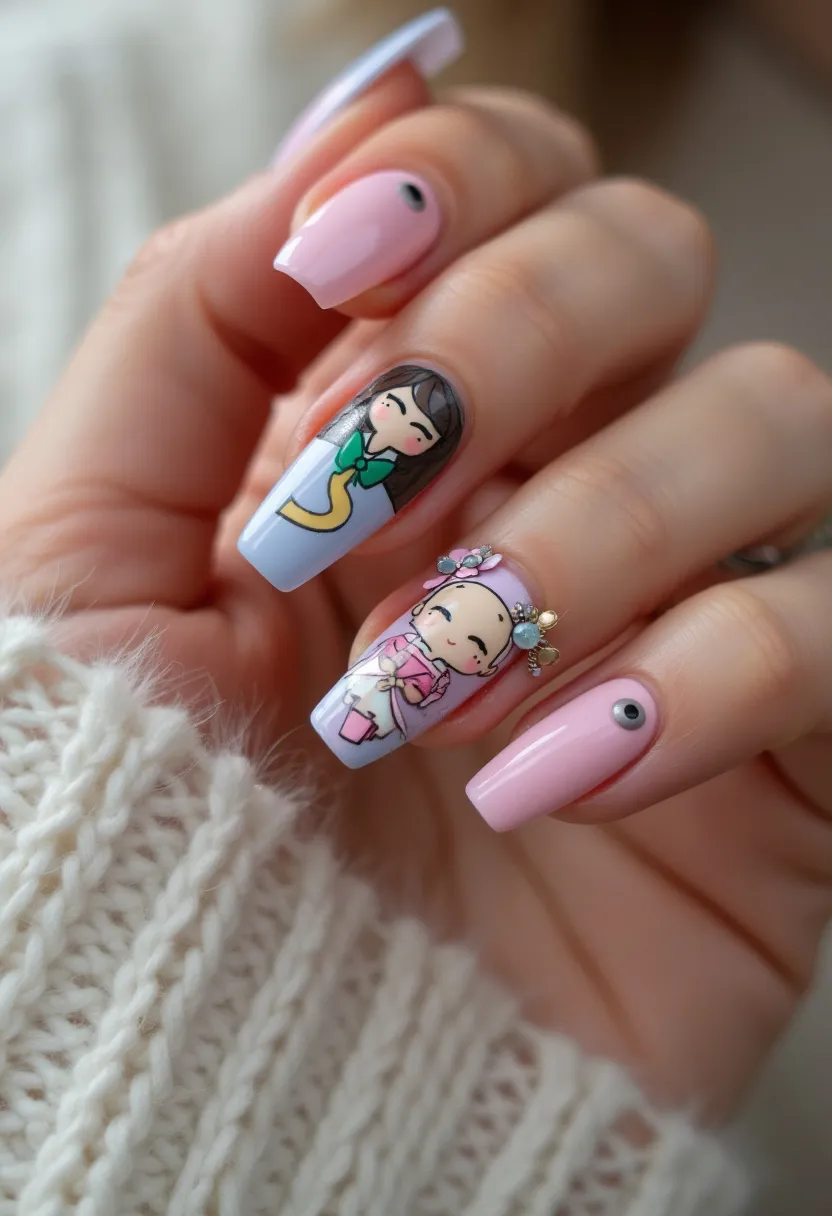 The nail design features a square shape with a soft pastel color palette dominated by pink and lavender tones. The two middle fingers showcase intricate, detailed artwork with cute cartoonish characters, adding an element of personalization and whimsy. Embellishments include small gems and 3D floral decorations, enhancing the nails' festive and playful appearance. The treatment appears to be gel, offering a glossy and smooth finish. This design has a youthful, charming aesthetic, perfect for special occasions such as festivals or themed events, and adds a touch of fun and creativity to the look.