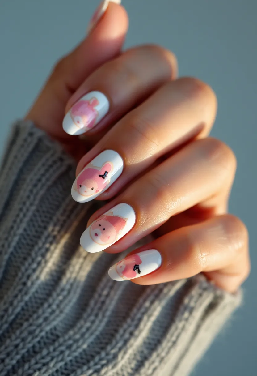 The nail design features a charming and playful theme, ideal for colder seasons or specific holidays. The nails are medium-length and exhibit an almond shape with a smooth finish, suggesting a gel or shellac treatment. The primary color palette includes a clean, crisp white base, accentuated with adorable pink cartoon bear faces, featuring small black detailing for eyes and a little bow on some bears. Subtle shading on the bear faces adds dimensionality. This intricate design is meticulously painted and adds a fun, whimsical touch, making it perfect for a festive, holiday season or even a themed event.