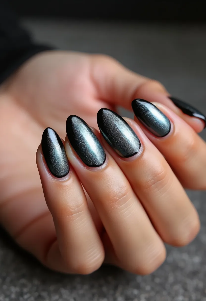 The nail design features a sleek color palette dominated by a metallic, mirror-like chrome finish that appears to shift between silver and black hues. The nails are almond-shaped, providing a sophisticated and elegant look. The finish is smooth and reflective, suggesting that a gel or possibly shellac treatment was used to achieve the high-gloss and durable surface. This design doesn't include intricate patterns or additional decorations, focusing on the striking effect of the metallic polish itself. The minimalist yet bold aesthetic of these nails makes them suitable for various occasions, from casual outings to formal events, and might be especially appealing during the winter season or for festive occasions where a touch of glamour is desired.