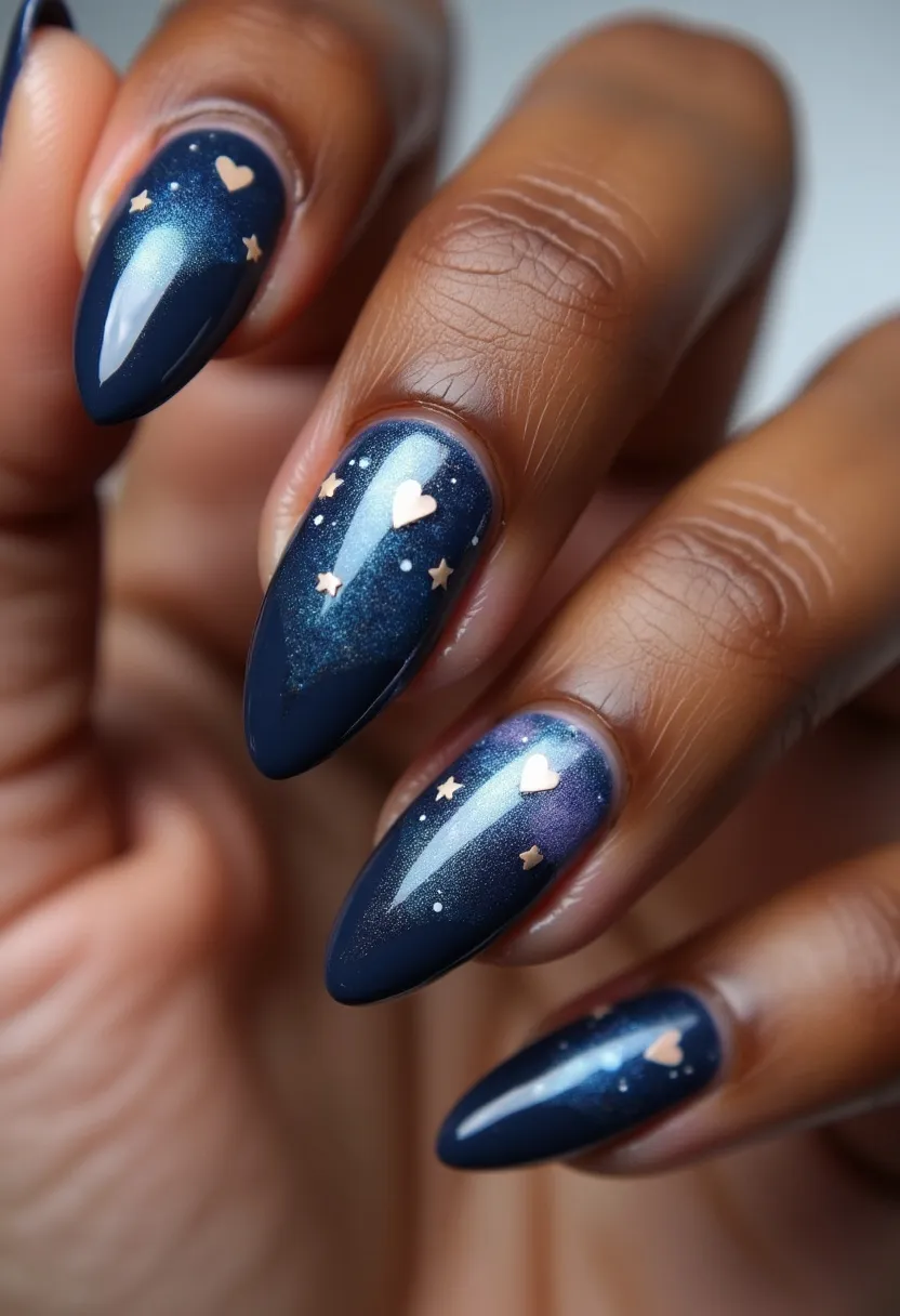 The nail design features a deep navy blue color palette with a subtle gradient and slight shimmer, evoking a night sky essence. The nails are almond-shaped, providing an elegant and elongating effect on the fingers. Intricate patterns include small, metallic gold hearts and stars scattered across each nail, enhancing the celestial theme. The use of gel polish is evident from the high-gloss finish, providing a long-lasting and durable effect. This design is suitable for any special occasion, particularly evening events or occasions with an elegant, dreamy atmosphere. Seasonal themes are suggested by the cosmic and dreamy elements, making it fitting for winter or festive celebrations.