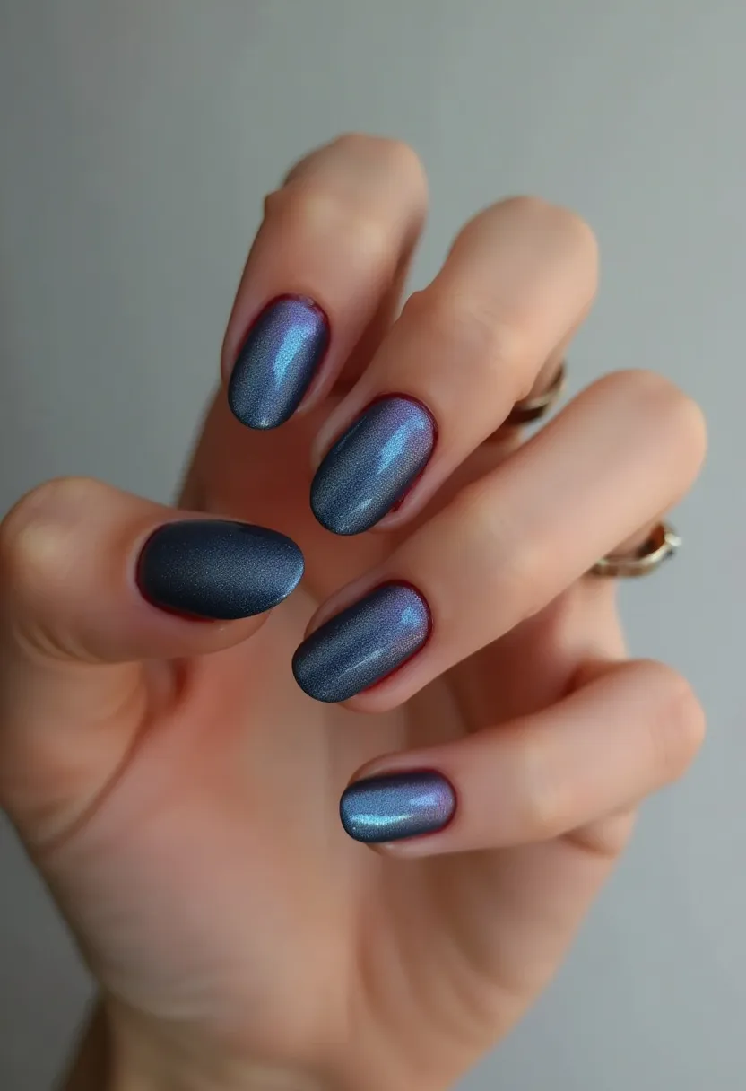 This nail design features a stunning and sophisticated color palette, dominated by a metallic, iridescent blue at the center of each nail. Each nail has an elegant oval shape and showcases intricate edge detailing with a deep red outline that enhances the overall appearance. The use of iridescent polish likely involves a gel nail treatment, providing a glossy, durable finish that complements the metallic sheen. The design is quite versatile, suitable for both everyday wear and special occasions, and the rich, cool tones give it a somewhat seasonal, winter-inspired theme. The metallic and red combination adds a unique, eye-catching flair without being overpowering, making it an excellent choice for those seeking a stylish yet understated look.