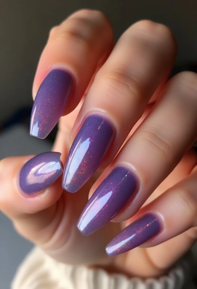 The nail design showcases long, almond-shaped nails adorned with a gel treatment, characterized by a smooth, shiny texture. The nail color palette features a captivating gradient of purple hues with a subtle shimmer, predominantly a deep lavender accented with pinkish undertones and iridescent flecks of sparkle that catch the light. The finish is glossy, enhancing the multidimensional look of the colors and shimmer. The design has an elegant and ethereal quality, suitable for various occasions, including special events and festive seasons, particularly those associated with cooler months due to its rich, jewel-toned palette.