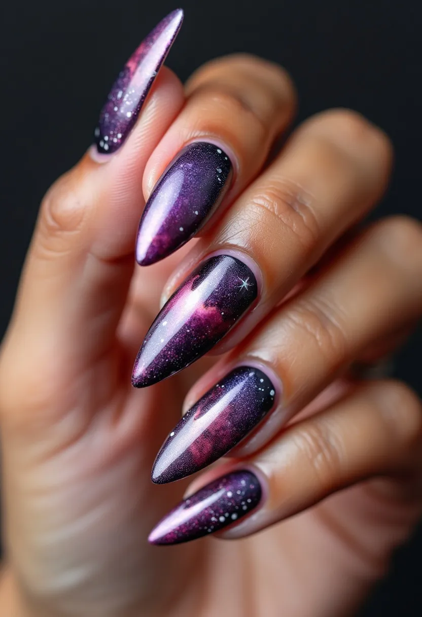 The nail design showcases an eye-catching galaxy-inspired theme, featuring a rich color palette that primarily includes deep purples, pinks, and blacks with subtle hints of white dots mimicking stars. The nails are shaped in a dramatic stiletto style, offering a sleek and pointed appearance. Intricate patterns mimic the swirling, nebulous textures found in space, creating a mesmerizing and cosmic effect. The nails appear to have a glossy finish, indicating a gel treatment, adding to their high shine and durability. Tiny star-like details are scattered across the design, enhancing the celestial motif, making these nails particularly suitable for special occasions or evening events that call for a touch of stellar elegance.