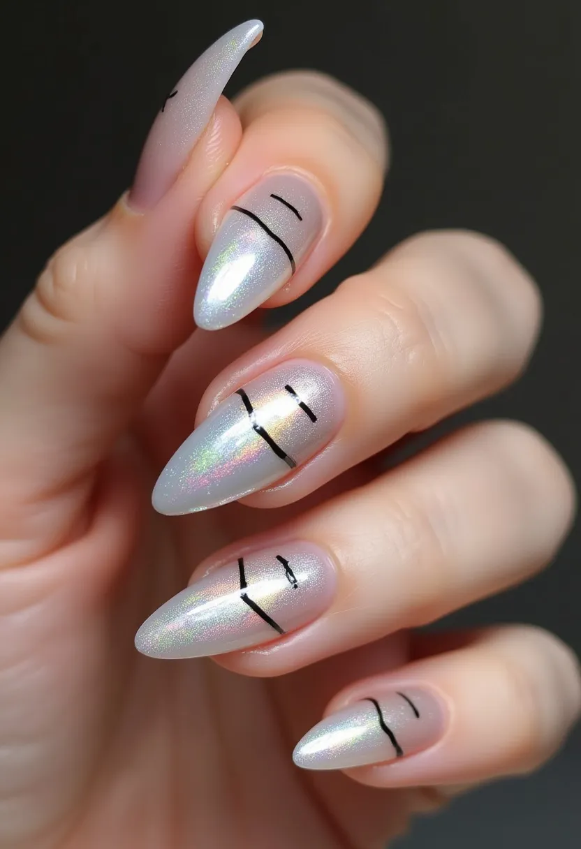 The nail design features a striking holographic color palette with a shimmering, iridescent finish in pastel shades. The nails are shaped in a sharp stiletto style, contributing to a bold and edgy look. Intricate black line patterns are drawn horizontally across each nail, varying in thickness and length to add a modern, geometric twist to the design. The reflective, glossy finish indicates that a gel or shellac treatment might have been used, providing durability and a sleek appearance. This nail art might be perfect for a festive or glamorous occasion, offering an eye-catching and futuristic aesthetic.