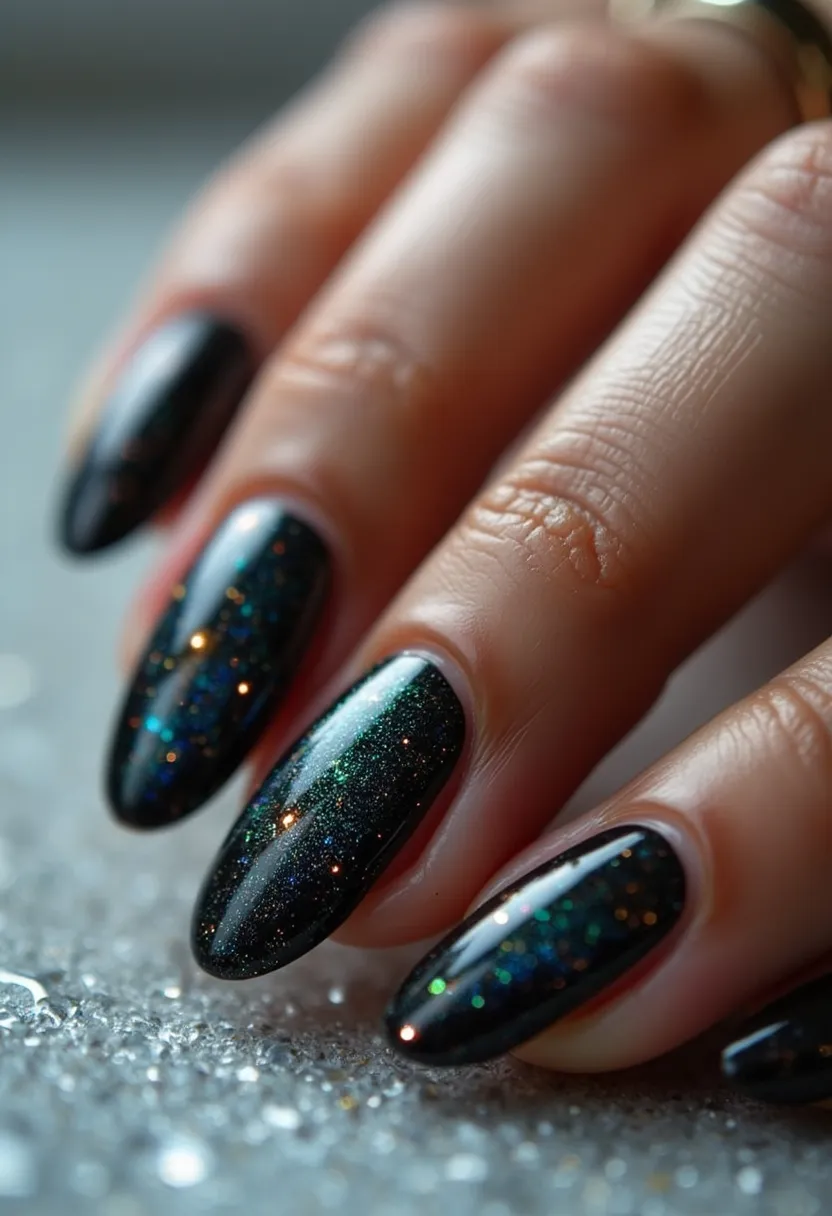 The nail design features a striking dark color palette, primarily using a glossy black base with multicolored shimmering glitter throughout. The nails are shaped into a medium-length almond style, which elongates the fingers and adds a touch of elegance. The design's use of reflective glitter gives the nails a dynamic, starry effect, suggesting a celebratory or glamorous theme. This particular treatment appears to be of the gel variety, given its smooth and shiny finish that maintains a high level of gloss without visible brush strokes. This nail design would be suitable for evening events, parties, or special occasions, providing a sophisticated and festive look with its sparkling detail.