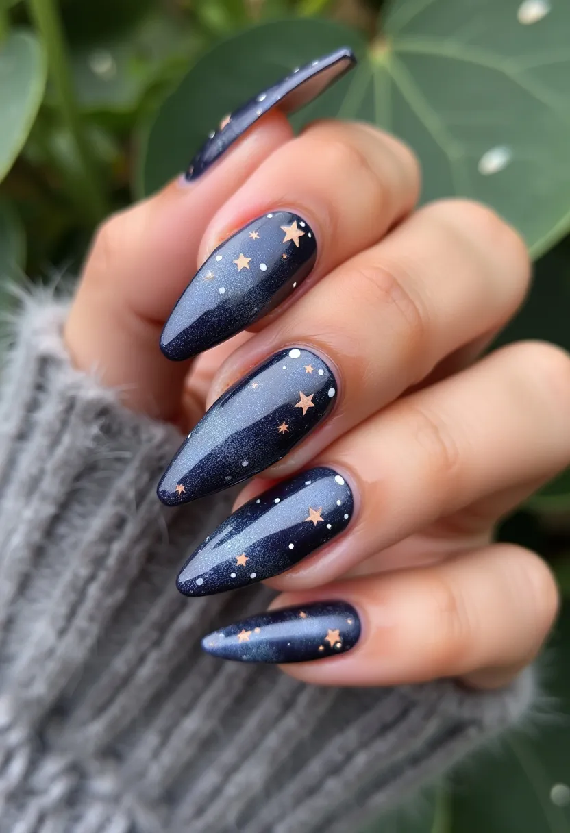 The nail design showcases a celestial theme with a dark, midnight blue color palette that evokes a night sky. The nails are shaped in a long, almond style, adding elegance and a dramatic flair. Intricate decorations feature small gold stars and white dots that resemble twinkling stars, enhancing the cosmic effect. The nails appear to use gel polish, providing a glossy, durable finish that complements the starry, glittery accents. This design can be associated with a winter or festive season due to its dark hues and sparkling details, and it could be worn for special occasions or celebrations that call for a touch of glamour and sophistication.