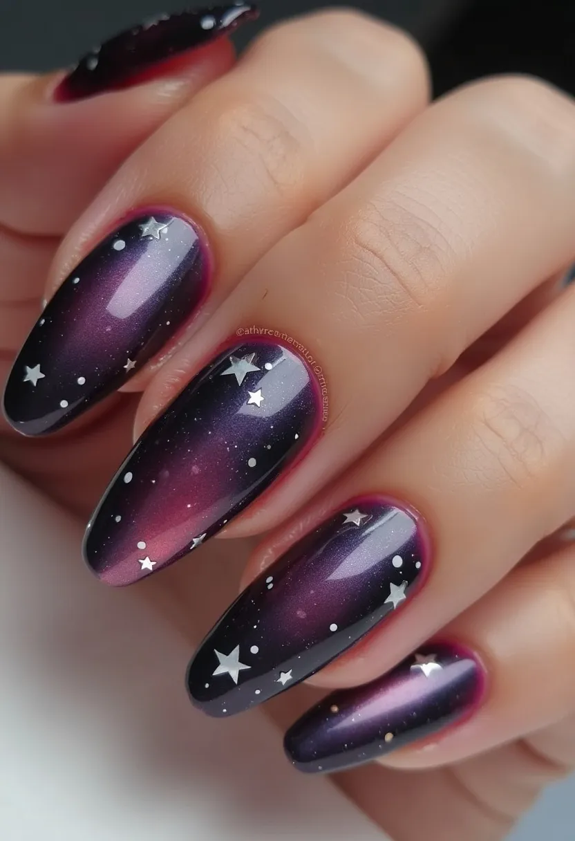 The nail design features a visually appealing gradient palette with deep hues of purple, transitioning smoothly into darker shades, creating a galactic effect. The nails are shaped in an almond form, giving a sleek and elegant look. Intricate patterns include tiny white stars and dots, mimicking a starry night sky and adding a whimsical touch. The glossy finish suggests a gel treatment, ensuring durability and a vibrant shine. This design may cater to special occasions or seasonal themes, such as winter or cosmic events, providing a unique and eye-catching aesthetic.