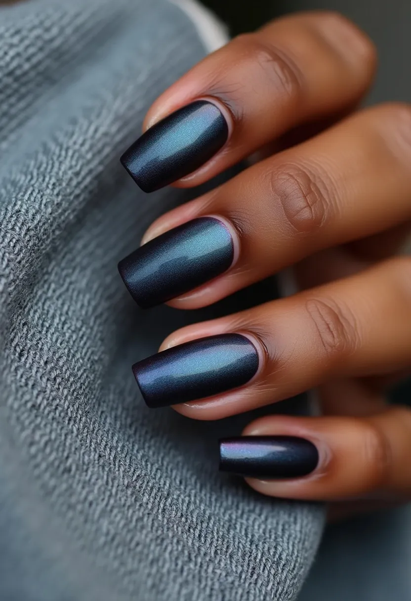 The nail design features a dark, rich color palette dominated by a gradient of deep blue and black hues, creating a sophisticated, metallic effect. The nails are shaped in a neat, squared-off style, enhancing their modern appearance. The treatment appears to be a type of gel polish, given the smooth, glossy finish that gels typically provide. There are no intricate patterns or decorations, relying instead on the alluring, subtle shimmer of the base color for impact. This elegant design could be suitable for fall or winter seasons, adding a touch of refinement to any look.