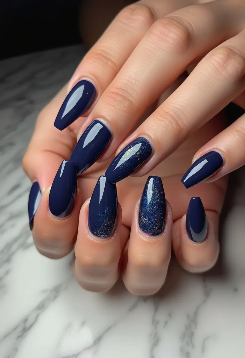 The nail design features a striking color palette dominated by a deep, glossy navy blue. The nails are shaped in a long, tapered coffin style, giving a sophisticated and modern appearance. Some of the nails incorporate an intricate pattern with a galaxy-inspired theme, accented with subtle, shimmering specks that resemble stars, adding depth and a touch of cosmic allure. The nails appear to be treated with gel polish, providing a smooth and durable finish with a high-gloss shine. This design could be fitting for an elegant evening event or a winter-themed occasion, bringing a touch of mystery and sophistication to the wearer's overall look.