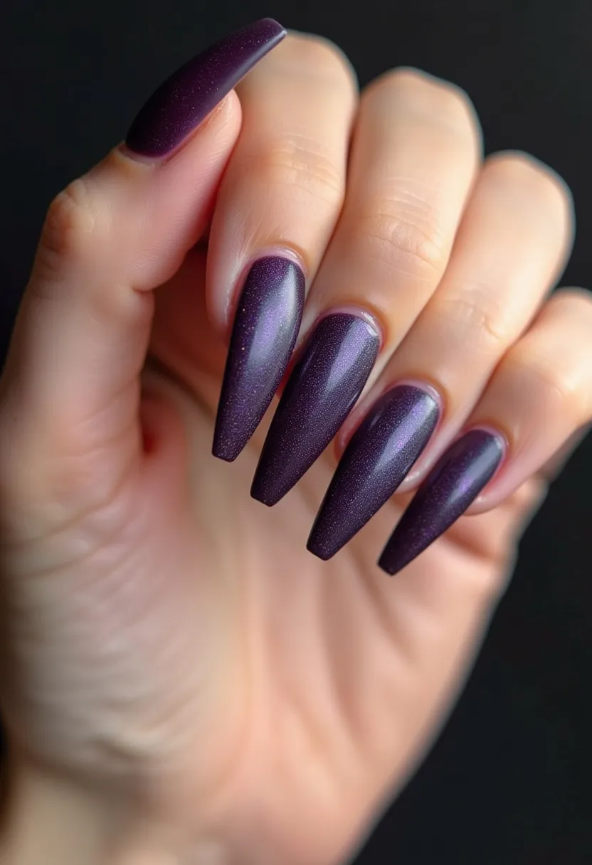 The nail design features a long, almond-shaped form with a striking, deep plum color palette. The finish is glossy with a subtle shimmer, indicating a gel or acrylic treatment that provides a durable and vibrant look. There are no additional decorations, patterns, or embellishments, making the design elegant and sophisticated. The rich, dark hue can be associated with a fall or winter theme, suitable for formal occasions or a chic, everyday look. The uniform application and high-shine finish underscore the meticulous attention to detail in the nail treatment.