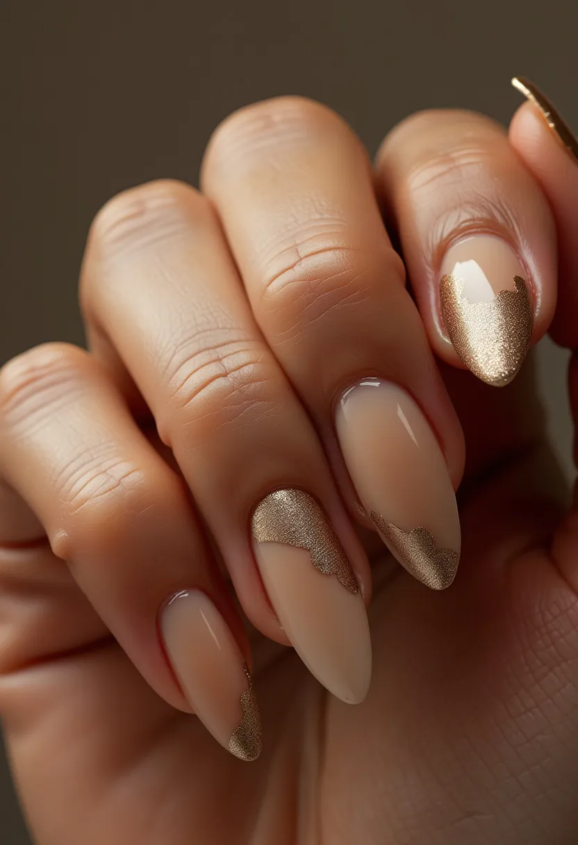 The nail design features a sophisticated and elegant color palette of nude and metallic gold. The nails are shaped in a pointed almond form, giving a refined and elongated appearance. The design includes an intricate pattern where the metallic gold is applied to the tips in an irregular, almost liquid-like manner, creating a modern and artistic look reminiscent of a French manicure but with a twist. The type of nail treatment appears to be gel, as indicated by the glossy and durable finish. The combination of neutral nude and opulent gold makes this design suitable for various special occasions, such as weddings or holiday events, providing a luxurious yet understated vibe.