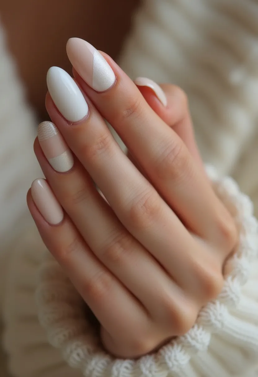 This nail design features a sophisticated and minimalist color palette dominated by soft nude, white, and light beige tones, creating a serene and elegant look. The nails are shaped into a medium-length almond form, which enhances the understated beauty of the design. An intricate geometric pattern is present on one of the nails, where matte beige and shimmering ivory are used to create a diagonal split. Another nail showcases a subtle textured pattern in a similar color scheme, adding a touch of complexity and texture to the overall aesthetic. The rest of the nails are kept simple with solid colors, which balances the detailed designs. This manicure appears to be achieved using gel treatment, ensuring a smooth and long-lasting finish. The design's neutral and soft hues make it suitable for both everyday wear and special occasions, especially in the spring or winter seasons due to its soft and cozy color scheme.