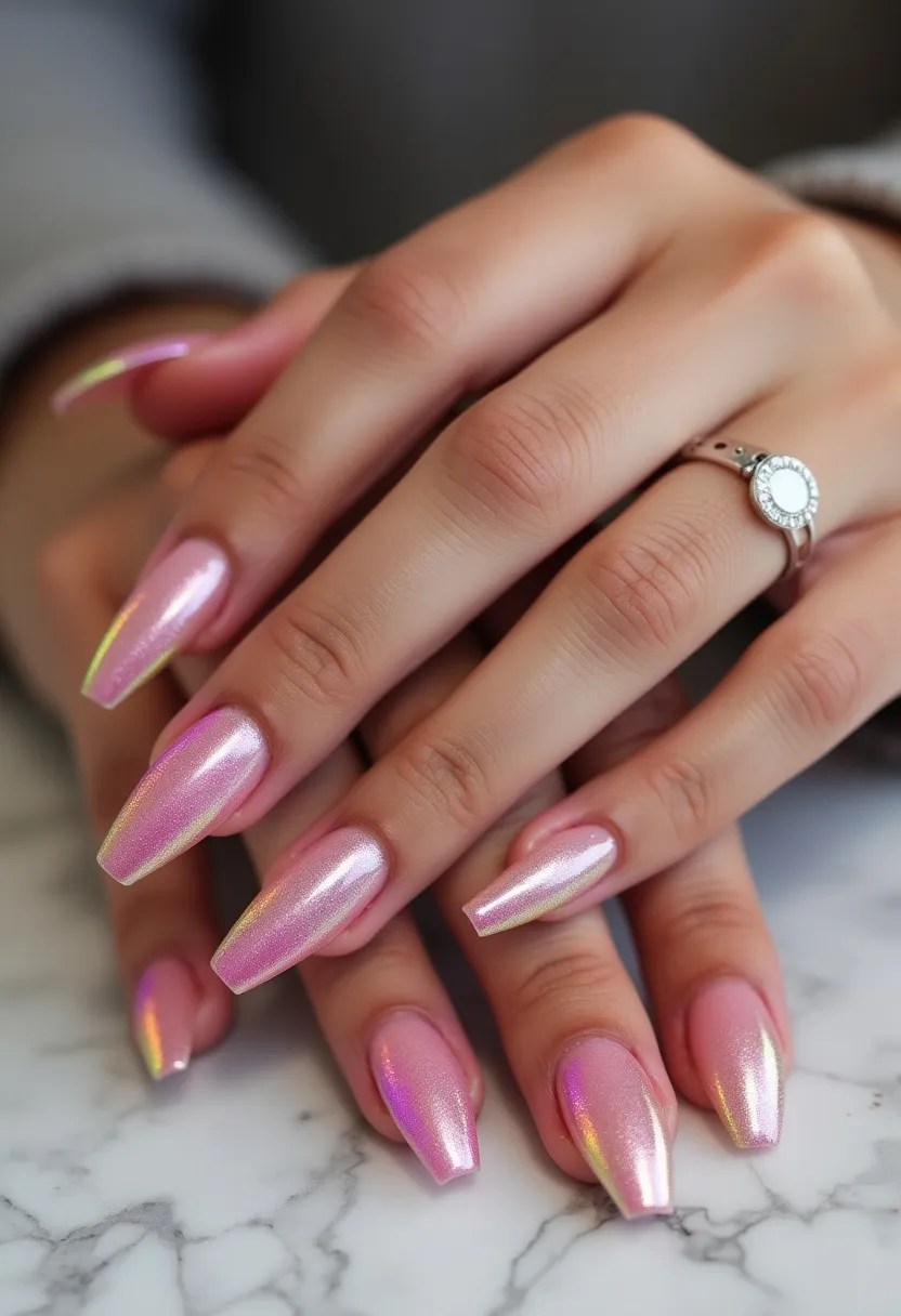 The nail design showcases a beautiful and elegant look with long, coffin-shaped nails. The color palette features a stunning iridescent light pink, blending seamlessly with holographic elements that reflect light in various shades. The nails are likely treated with a gel polish, as evidenced by the high-gloss, smooth, and durable finish. The holographic effect adds an intricate and eye-catching detail to the nails, giving them a sophisticated and modern appearance. This design could be perfect for special occasions such as weddings, parties, or any festive event where a touch of glamour is desired.