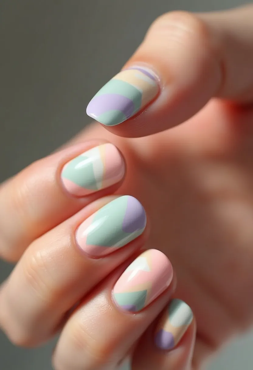 The nail design showcases a pastel color palette featuring soft shades of mint green, baby pink, light lavender, and subtle peach. The nails are shaped in a short and slightly rounded style. The intricate patterns include geometric and abstract shapes, creating a whimsical and visually appealing look. This design appears to be executed with a smooth gel polish, giving it a glossy finish. The color combination and patterns suggest a cheerful and spring-like theme, perfect for seasonal celebrations or casual, everyday wear. The overall aesthetic is both trendy and playful, suitable for a variety of occasions.