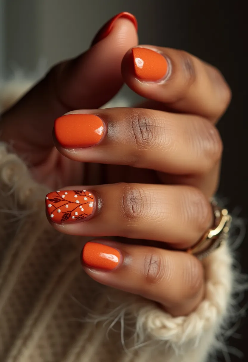 The nail design features a vibrant orange color palette, evocative of autumn hues. The nails are shaped in a squoval (square-oval) form, providing a balanced silhouette between square and oval. The accent nail on the ring finger showcases intricate floral and leaf patterns in black, interspersed with small white dots, adding a touch of delicate artistry. The polished shine indicates a high-gloss treatment, likely achieved through gel polish, which is known for its long-lasting, glass-like finish. This nail art is perfect for the fall season, capturing the essence of changing leaves and the festive autumn spirit.