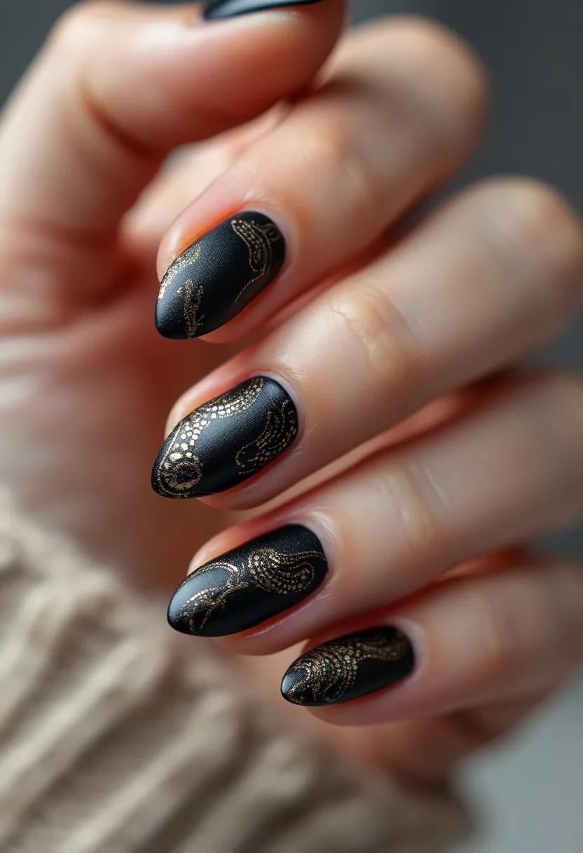 The nail design features a sophisticated black matte color palette, creating a striking and elegant look. The nails are shaped in a pointed stiletto style, adding a dramatic flair. Intricate gold patterns adorn each nail, resembling delicate lace or finely detailed filigree work, which adds an element of luxury and sophistication. The use of gel polish enhances the durability and glossiness of the design. The combination of black and gold gives the impression of a glamorous and festive theme, potentially suitable for special events or holiday seasons.
