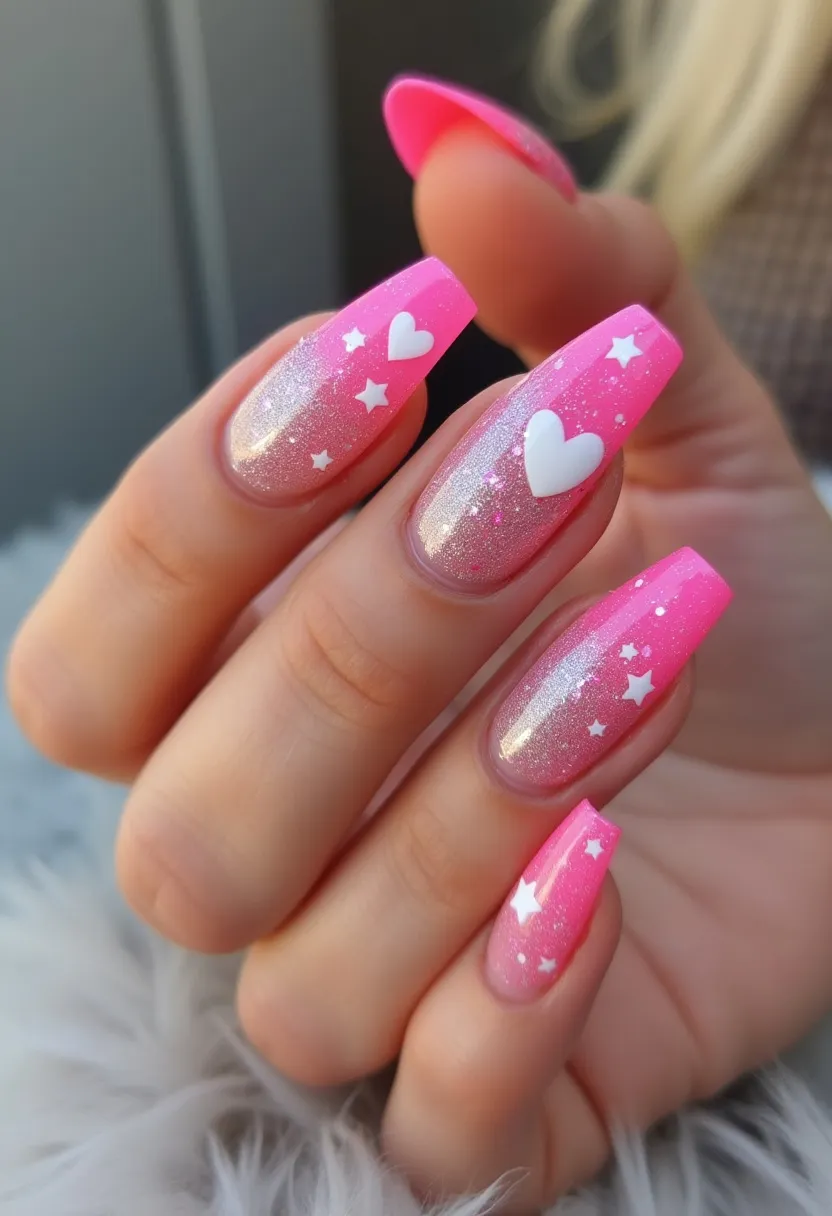 The nail design features a vibrant palette with a base color transitioning from a glittery silver to a bold, bright pink tip, which creates an ombre effect. The nails are long and square-shaped, providing ample space for intricate designs. They exhibit a playful and feminine theme with white, three-dimensional stars and hearts scattered across the pink portion. The glitter adds a touch of sparkle, making the design stand out. This manicure appears to be done with a gel treatment, offering a shiny and durable finish. The fun and whimsical details suggest a theme suitable for festive occasions or a playful, everyday look.