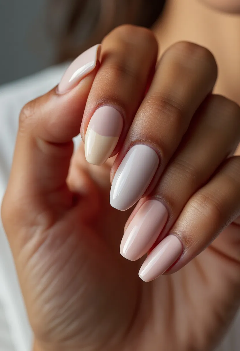 The nail design features an elegant color palette primarily consisting of soft, pastel shades and nude tones with a harmonious blend of light pink and creamy beige. The nails are medium length and shaped in a subtle almond form, emphasizing a sophisticated look. The design showcases a minimalist yet intricate pattern where one of the nails features a half-moon outline in a contrasting shade of beige against light pink, adding a chic twist. The high gloss finish suggests a gel or shellac treatment, ensuring a long-lasting, shiny appearance. The overall aesthetic is subtle yet refined, making it suitable for both everyday wear and special occasions, particularly in the spring or summer seasons.