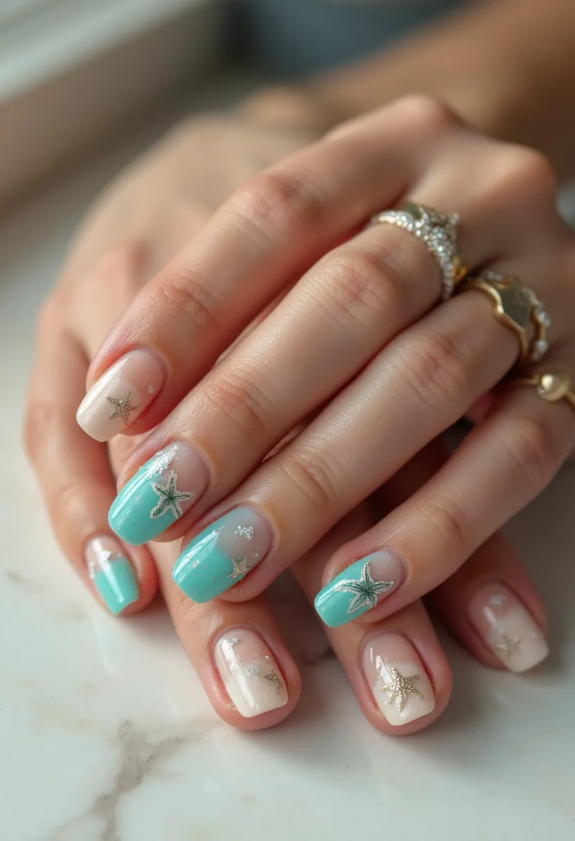 The nail design in the image showcases a beautiful summer or beach-themed palette with turquoise and nude colors. The nails are medium length and have an oval shape. Some nails are painted in a solid, glossy turquoise, while others are adorned with an ombre effect that transitions smoothly from nude to turquoise. Intricate patterns featuring starfish motifs are the highlight of the design, adding a seaside charm. The nails have a smooth and shiny finish, suggesting the use of gel polish for a sleek and long-lasting look. This design is perfect for a tropical vacation or to bring a touch of summer elegance to everyday style.