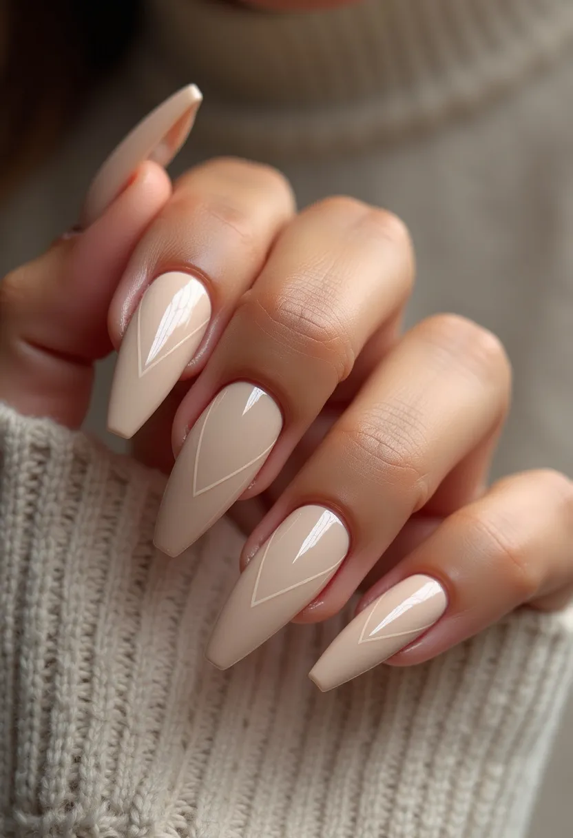 The nail design features a sophisticated and neutral color palette, predominantly showcasing a chic shade of nude beige. The nails are long and shaped into a sharp stiletto style, adding a bold touch to the overall look. Intricate linear patterns grace the nails, forming triangular designs that draw attention to their pointed tips. The finish appears to be gel, offering a glossy and durable surface that enhances the sleek appearance. This elegant nail design can be suitable for various occasions, including formal events or seasonal transitions, underscoring a versatile and timeless fashion statement.