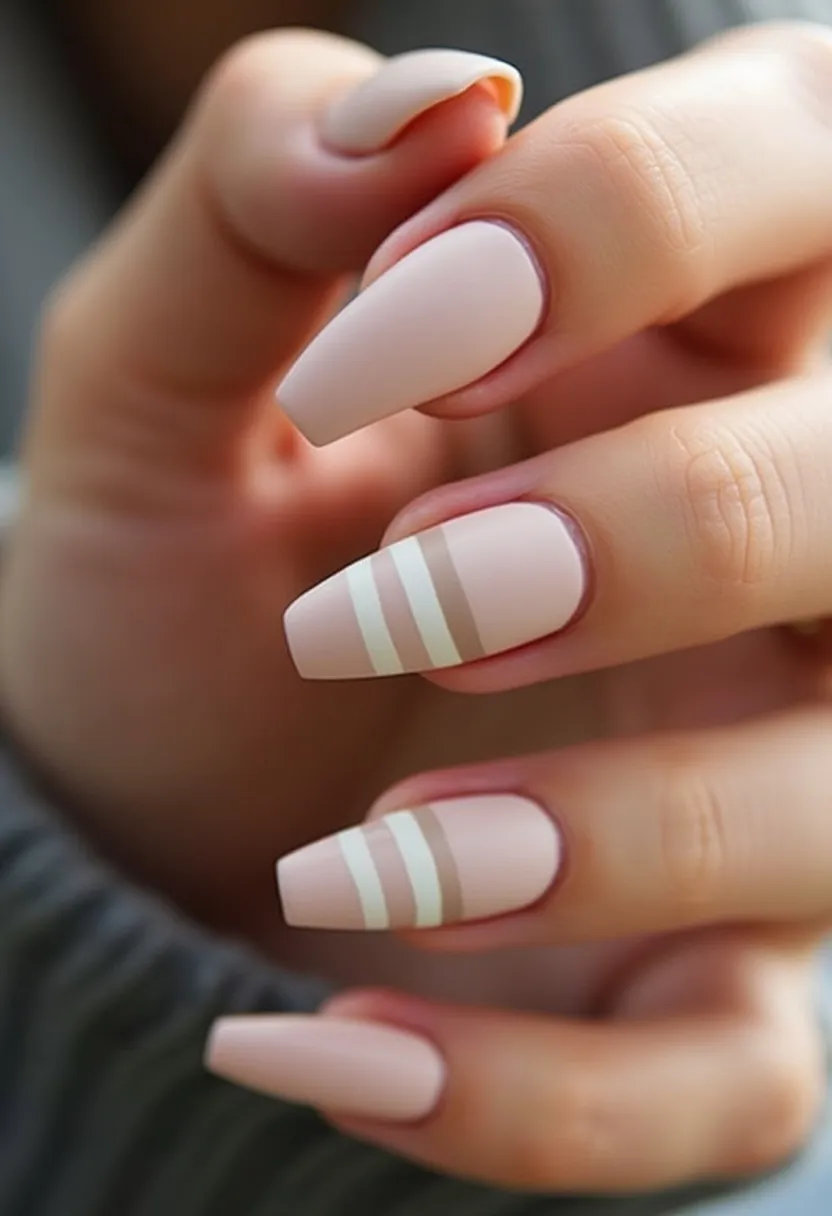 The nail design features a chic and elegant pale pink color palette with a matte finish, providing a sophisticated look. The nails are almond-shaped, giving them a modern and stylish appearance. The ring finger and the middle finger each have a distinctive decorative pattern composed of two parallel white stripes, adding a minimalist yet eye-catching detail to the overall design. This suggests a gel or acrylic nail treatment due to the smooth and polished appearance. The design is sophisticated and versatile, making it suitable for various occasions, from daily wear to special events, and it can also be considered suitable for a spring or summer season due to its light and fresh color.