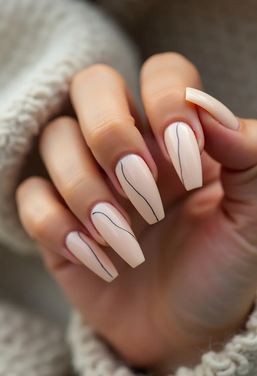 The nail design features a sleek, modern aesthetic with a neutral color palette. The nails are coated in a light, subtle nude or beige shade. The shape of the nails is long, square or coffin-like, which adds a chic and flattering elongation to the fingers. Each nail has a delicate black line art design that runs vertically down the center, adding a minimalist yet sophisticated touch. The finish suggests a glossy, smooth texture, which is likely achieved through a gel or shellac treatment, ensuring longevity and durability. This design has a timeless appeal, suitable for everyday wear as well as elegant enough for special occasions.