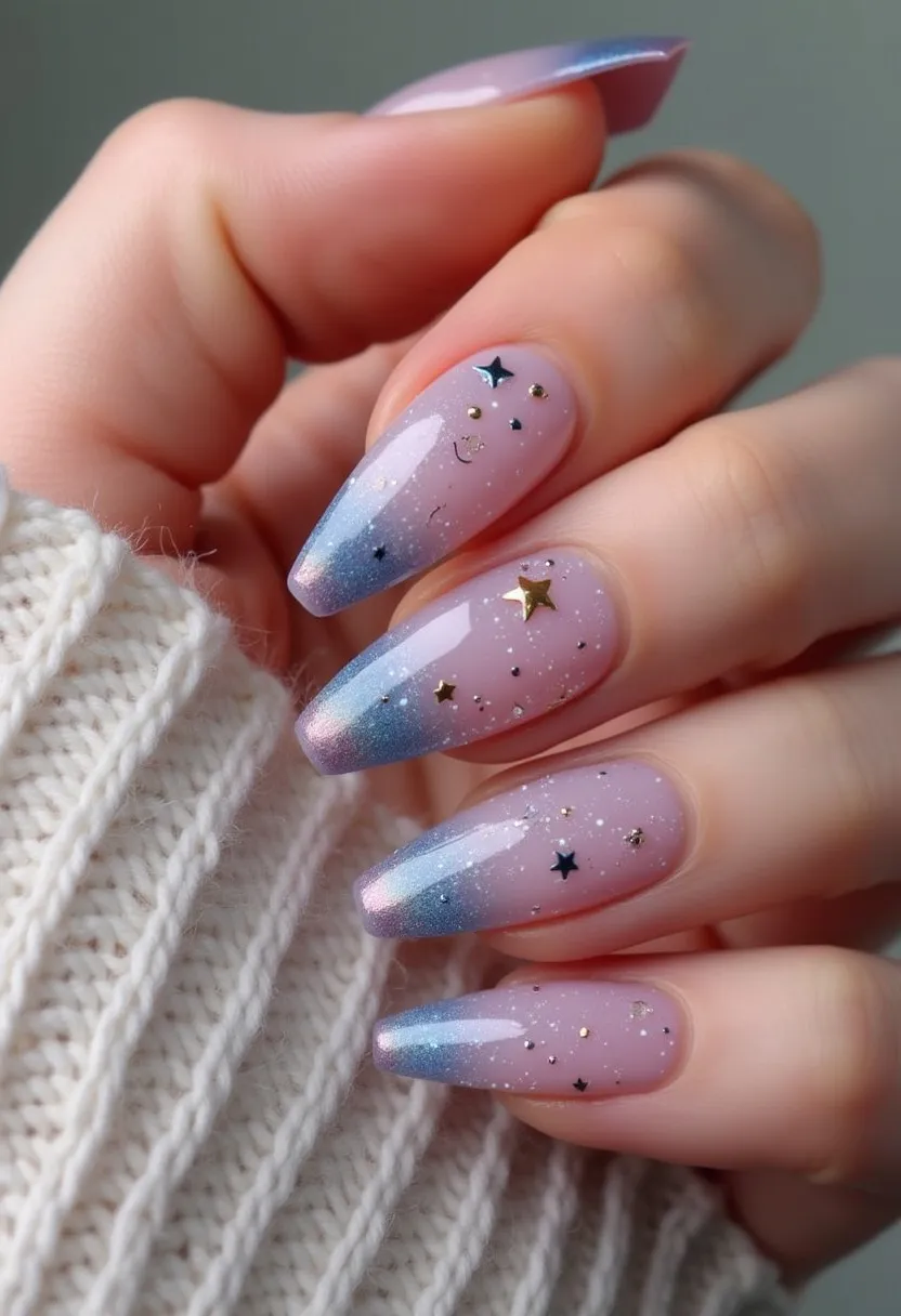 This nail design features a beautiful blend of soft pastel colors, primarily showcasing a gradient from light pink at the base to a shimmering blue at the tips. The nails are medium to long and have a coffin shape, providing a chic and modern silhouette. The design includes intricate patterns of tiny gold and black star decals scattered across the gradient, adding a touch of celestial elegance. There is also a fine sprinkling of glitter that enhances the overall shimmer and festivity of the design. The nails appear to be treated with a gel or acrylic finish, providing a glossy and smooth surface. This design is particularly suited for a whimsical, dreamy theme and can be perfect for a special occasion or a festive season, evoking a sense of magic and wonder.