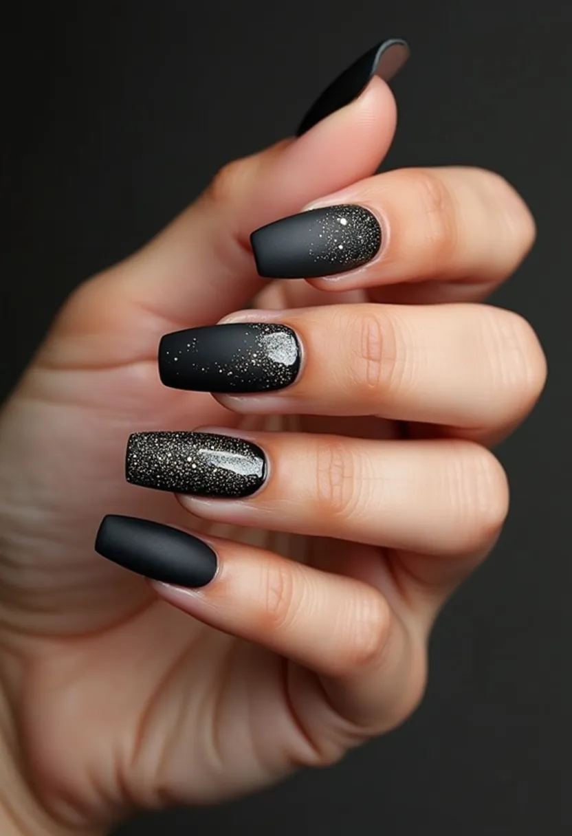 The nail design features a dark black color palette, giving it a sleek and sophisticated look. The nails are shaped in a square with rounded edges, enhancing their elegant appearance. Each nail is embellished with intricate sparkling gold or silver glitter accents, which create a starry night effect. The treatment used appears to be likely gel, as the nails exhibit a smooth and glossy finish while maintaining their structure. This design showcases unique detailing, making it suitable for special occasions such as evening events or festive celebrations where a touch of glamour is desired.