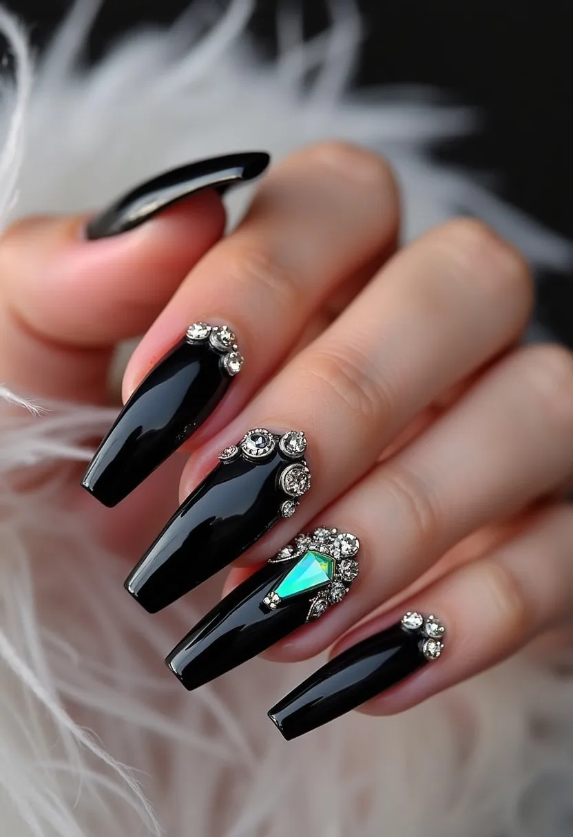 The nail design showcases a sophisticated and glamorous style with a striking black color palette. The nails are long and coffin-shaped, providing ample space for intricate decorations. The black base is adorned with shiny, reflective rhinestones placed mainly at the cuticle area, creating a luxurious and sparkling effect. One of the nails stands out with an additional large, iridescent green gem, adding a unique and eye-catching focal point. The glossy finish of the nails suggests that they are likely treated with gel or shellac to achieve that smooth, high-shine appearance and durability. This design seems perfect for special occasions or evening events, where a touch of elegance and drama is desired.