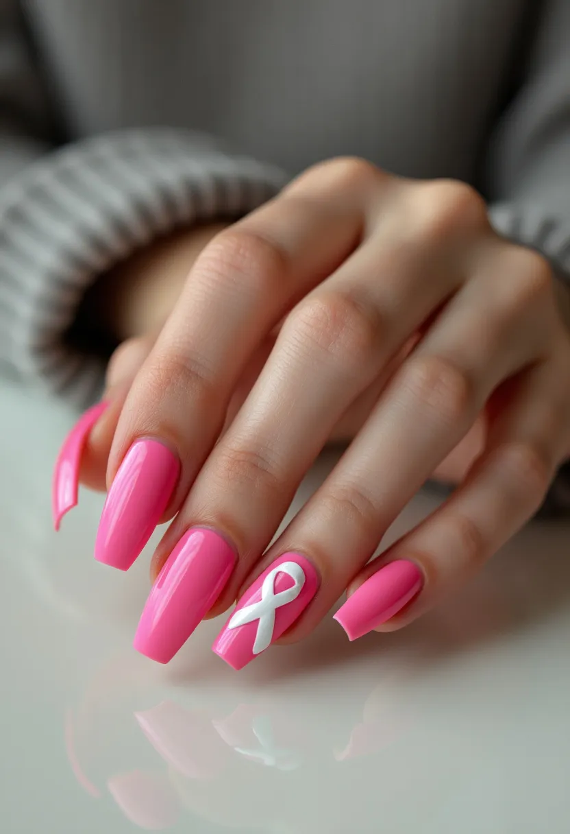 The nail design features a vivid, glossy pink color palette, achieved through a likely gel or acrylic nail treatment to provide durability and shine. The nails are shaped into a long and elegant square or squoval style, offering a modern and stylish appeal. A significant detail is the white ribbon motif on one of the nails, symbolizing awareness, likely for a cause such as breast cancer awareness, reflecting a special occasion or seasonal theme. The design is simple yet impactful, with the ribbon adding a stark contrast against the vibrant pink, making it a standout feature of this nail art.