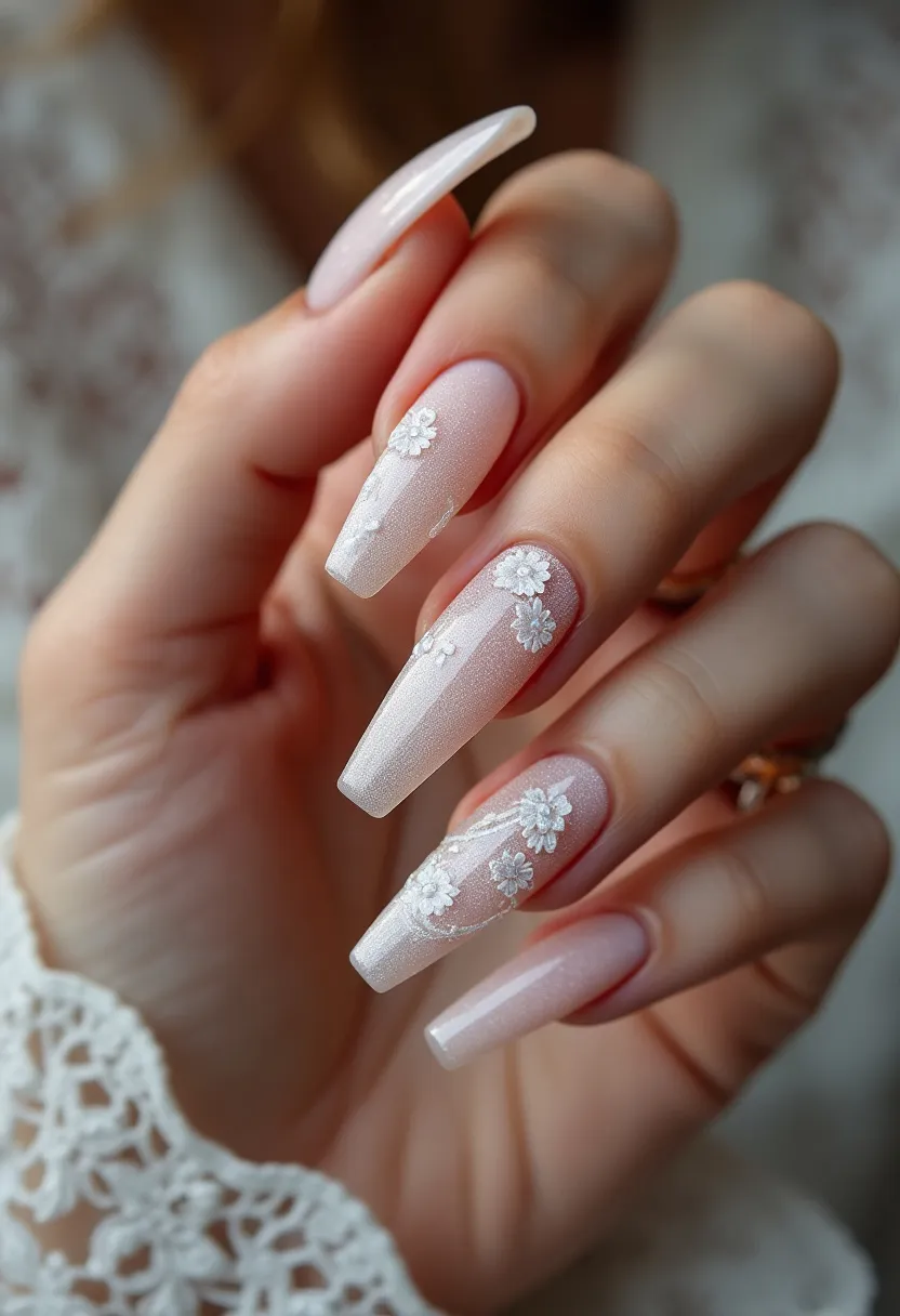 The nail design features a soft pink color palette with an elegant, shimmering finish, suggesting a gel or possibly shellac treatment for durability and shine. The nails are in a long, coffin shape, providing a sleek and modern look. Intricate white floral patterns adorn each nail, with small, delicate flowers and leaves adding a touch of sophistication and delicacy. This design appears ideal for a special occasion such as a wedding or a springtime event due to its refined and floral theme. The overall aesthetic is feminine and meticulously detailed, highlighting both elegance and a celebration of beauty.