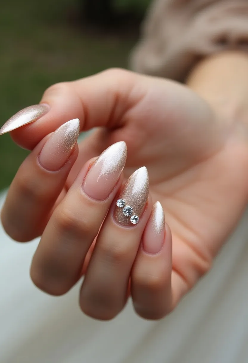 The nail design showcases an elegant and sophisticated color palette comprised of a soft nude base transitioning to a shimmery champagne gold at the tips, creating an ombre effect. The nails are shaped into a sharp almond form, which complements the sleek design. The treatment used is likely a gel or shellac, given the glossy and smooth finish. A standout feature includes a decoration with three rhinestones arranged linearly on the accent nail, adding a touch of glamour and sparkle. This design could be perfect for special occasions or festive seasons, offering a subtle yet luxurious appeal.