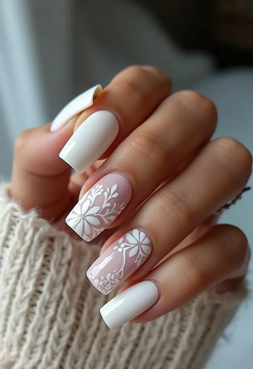 The nail design features a sophisticated color palette predominantly consisting of white and translucent pink hues. The nails are shaped in a medium-length, square style, offering both elegance and simplicity. On two accent nails, there are intricate white floral patterns adorned with delicate leaves and petals, meticulously crafted to add an artistic touch. This design appears to be achieved through gel nail treatment, ensuring a glossy and durable finish. The floral motifs suggest a spring or wedding theme, making these nails suitable for special occasions such as bridal showers or springtime events. The combination of solid white nails and detailed floral art creates a balanced and eye-catching aesthetic.