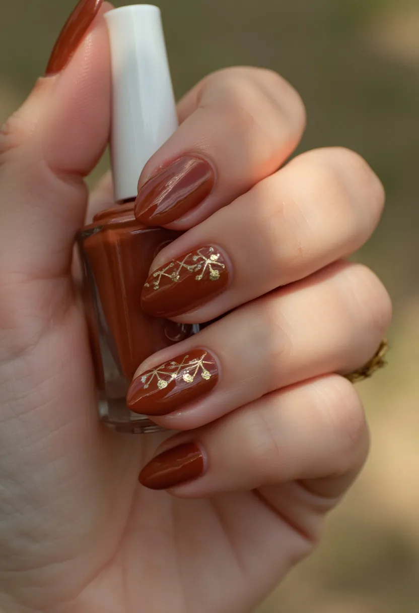 The nail design features a warm, earthy brown color palette, indicative of the fall season. The nails are shaped with rounded tips, providing a natural and elegant look. Two of the nails are adorned with intricate gold leaf patterns that add a touch of sophistication and festivity. The gold detailing on the brown base creates a striking contrast, making the delicate designs stand out. The glossy finish suggests the use of gel polish, which enhances the durability and shine of the manicure. This design could be suitable for autumn, celebrating occasions like Thanksgiving or other fall events with its rich, seasonal hues and elegant decorations.